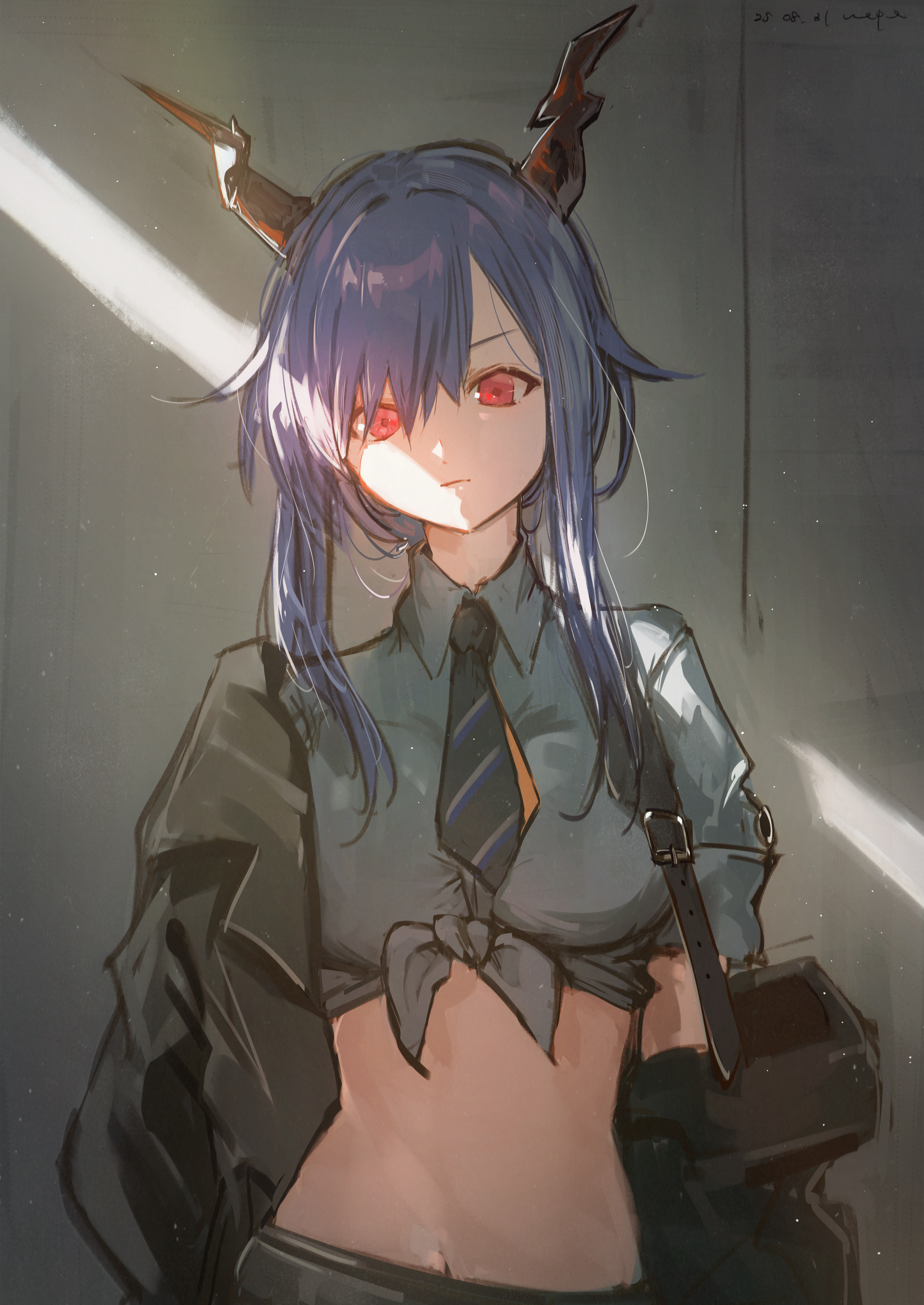 pppmepl, ch'en (after storm) (arknights), ch'en (arknights), arknights, absurdres, commentary, highres, 1girl, black jacket, black necktie, blue hair, blue shirt, breasts, closed mouth, dragon girl, dragon horns, expressionless, horns, jacket, long hair, looking at viewer, midriff, navel, necktie, official alternate costume, red eyes, shirt, shirt rolled up, solo, tied shirt