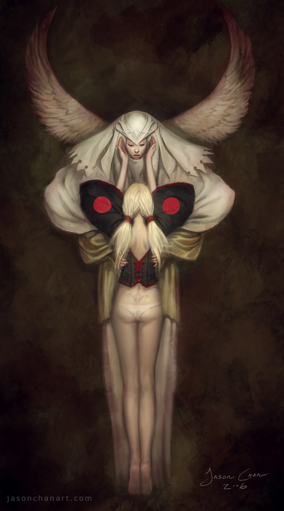 jason chan, 2girls, barefoot, bottomless, hug, long hair, multiple girls, panties, short twintails, twintails, underwear, watermark, wings
