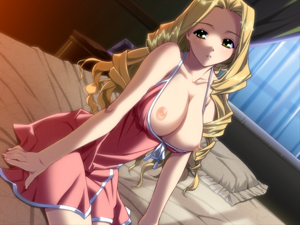 ino (magloid), honnou yukari, izayoi no hanayome, game cg, 1girl, :o, bed, blonde hair, breasts, breasts out, brown eyes, cleavage, dress, female focus, huge breasts, long hair, looking at viewer, nipples, solo, yellow eyes