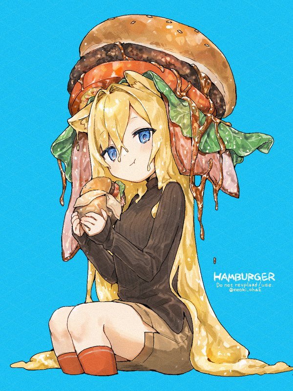 neoki ohae, original, commentary request, 1girl, :t, animal ear fluff, animal ears, black sweater, blonde hair, blue background, blue eyes, brown shorts, burger, closed mouth, crossed bangs, eating, food, food on head, hair between eyes, hair intakes, holding, holding burger, holding food, invisible chair, kneehighs, lettuce, long hair, long sleeves, object on head, oversized food, oversized object, red socks, ribbed sweater, shorts, simple background, sitting, sleeves past wrists, socks, solo, sweater, tomato, tomato slice, turtleneck, turtleneck sweater, very long hair