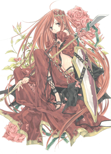hisakata (hisa nn), iemon, original, bad id, bad pixiv id, 1girl, fantasy, female focus, flower, gem, long hair, pants, polearm, red flower, red hair, red pants, red rose, red shirt, red theme, rose, shield, shirt, solo, weapon