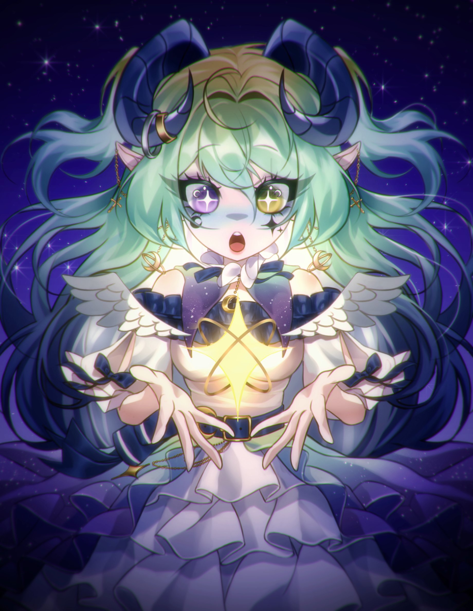 indie virtual youtuber, commentary, highres, symbol-only commentary, + +, 1girl, bare shoulders, blue background, breasts, cowboy shot, curled horns, double-parted bangs, dress, essombraa (vtuber), facial mark, feathered wings, green hair, hair between eyes, heterochromia, horn ornament, horn ring, horns, im monimon, long hair, looking at viewer, medium breasts, night, night sky, open hands, open mouth, pointy ears, purple eyes, sky, solo, star (sky), starry sky background, two side up, virtual youtuber, white dress, wings, yellow eyes