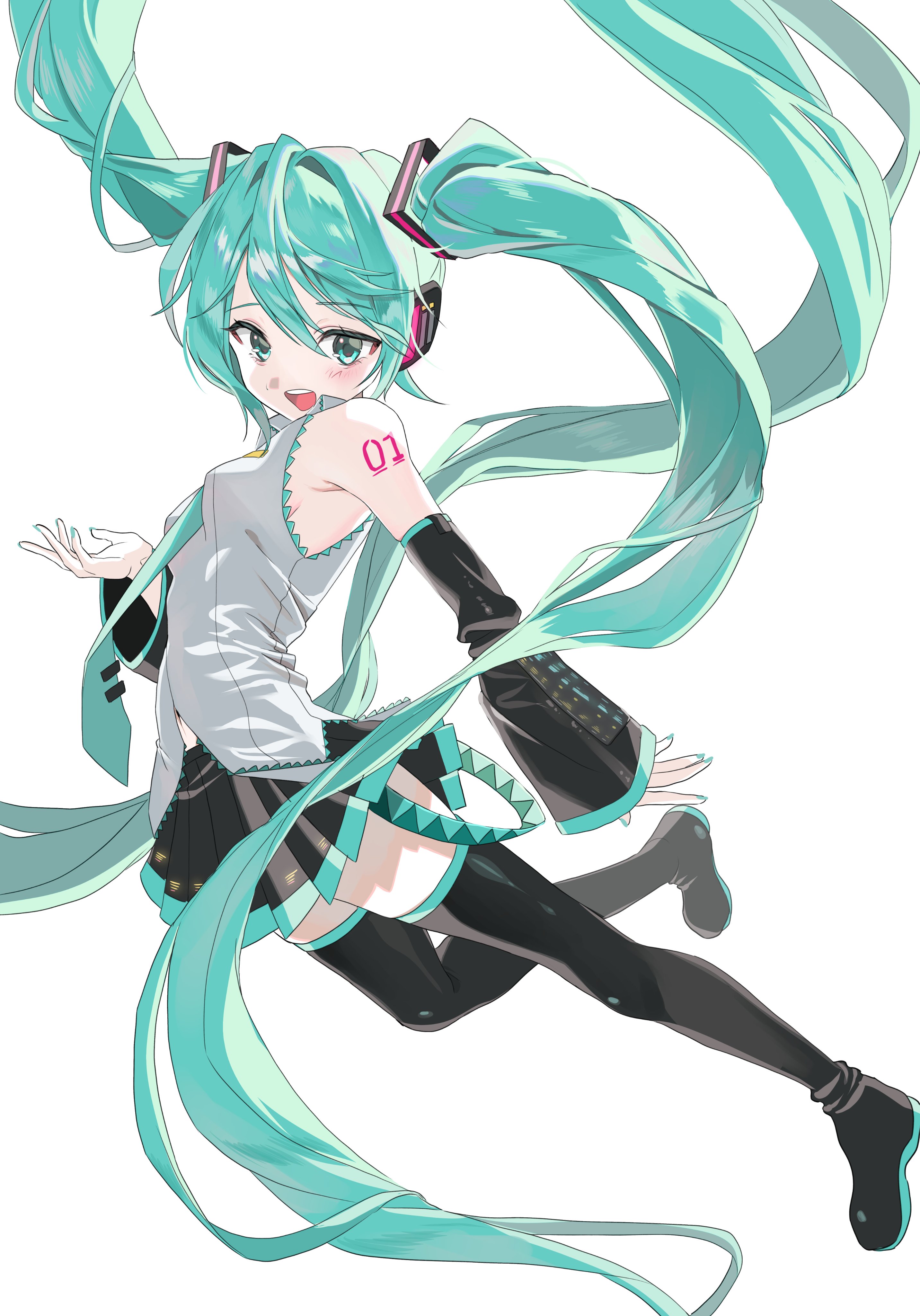 hatsune miku, vocaloid, absurdres, highres, 1girl, absurdly long hair, aqua eyes, aqua hair, aqua nails, aqua necktie, bare shoulders, black skirt, black sleeves, black thighhighs, blush, boots, breasts, collared shirt, detached sleeves, floating hair, full body, grey shirt, hair between eyes, hair ornament, headphones, headset, long hair, looking at viewer, miniskirt, necktie, number tattoo, open mouth, pleated skirt, shirt, shoulder tattoo, simple background, skhuh art, skirt, sleeveless, sleeveless shirt, small breasts, smile, solo, tattoo, thigh boots, thighhighs, twintails, very long hair, white background, zettai ryouiki