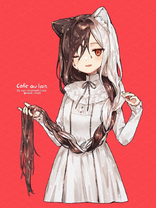 neoki ohae, original, commentary request, 1girl, animal ear fluff, braid, brown hair, dress, grey ribbon, hair between eyes, hair intakes, holding, holding own hair, liquid hair, long hair, long sleeves, looking at viewer, multicolored hair, neck ribbon, one eye closed, open mouth, pink background, red eyes, ribbon, simple background, single braid, smile, solo, split-color hair, two-tone hair, very long hair, white dress, white hair