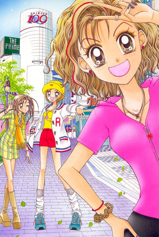 fujii mihona, hoshino aya, kotobuki ran, yamazaki miyu, gals!, scan, 3girls, gyaru, hat, kneehighs, kogal, multiple girls, shibuya (japan), socks, v