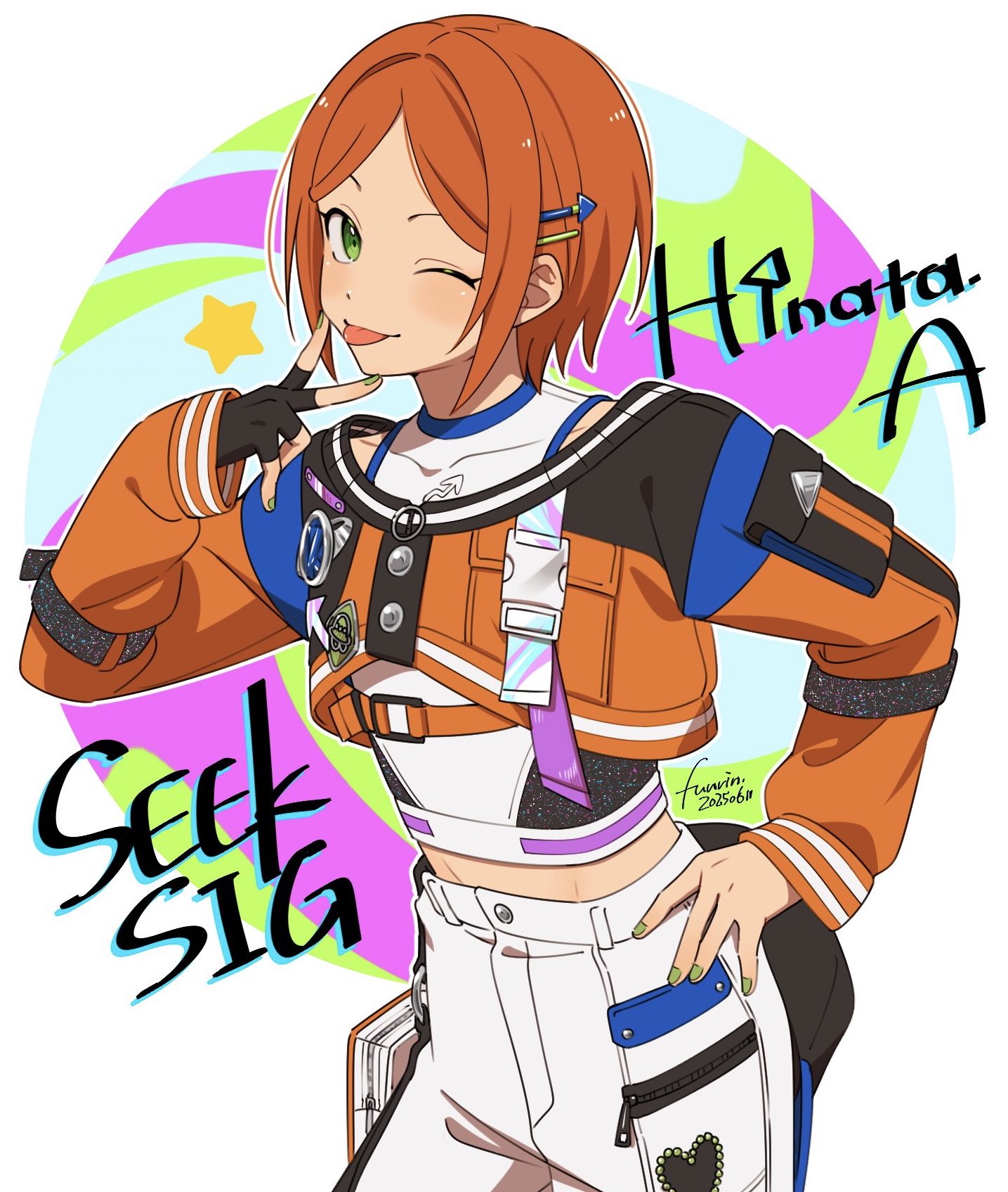 fuurin (sior fr), aoi hinata, ensemble stars!, highres, 1boy, character name, cowboy shot, cropped jacket, cropped shirt, fingerless gloves, gloves, green eyes, hair ornament, hairclip, hand on own hip, jacket, looking at viewer, male focus, midriff peek, nail polish, one eye closed, orange hair, orange jacket, pants, parallel hairclips, parted bangs, shirt, short hair, simple background, single glove, sleeveless, sleeveless shirt, smile, solo, tongue, tongue out, v, white background, white pants, white shirt