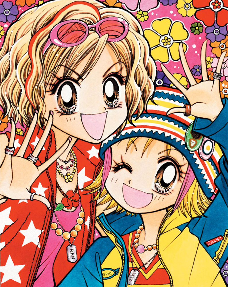 fujii mihona, kotobuki ran, kotobuki sayo, gals!, light brown hair, scan, 2girls, :d, ;d, amekaji gyaru, arm up, beanie, blonde hair, blush, brown eyes, character name, copyright name, dog tags, eyewear on head, fashion, fingernails, floral background, flower, flower necklace, gyaru, hat, hibiscus, jacket, jewelry, kogal, long fingernails, long sleeves, multicolored hair, multiple girls, necklace, one eye closed, open mouth, red hair, ring, smile, star (symbol), star print, sunglasses, two-tone hair, unzipped, waving, wavy hair