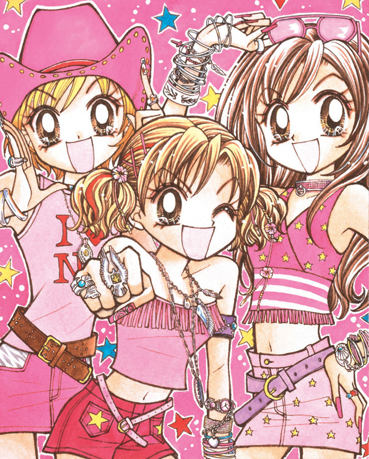 fujii mihona, hoshino aya, kotobuki ran, yamazaki miyu, gals!, light brown hair, striped, scan, 3girls, :d, ;d, arm up, belt, bird, blonde hair, bracelet, brown eyes, brown hair, choker, clenched hand, clothes writing, collar, cowboy hat, cowboy western, eyewear on head, fashion, fingernails, flower, fringe trim, gyaru, hair flower, hair ornament, hairclip, hand on own hip, hat, jewelry, kogal, long fingernails, long hair, looking at viewer, midriff, miniskirt, multicolored hair, multiple girls, nail art, nail polish, navel, necklace, one eye closed, open mouth, outline, pink background, pink hat, pink nails, pink skirt, print skirt, red hair, red shorts, ring, short hair, short shorts, shorts, skirt, sleeveless, smile, star (symbol), star print, star symbol background, strapless, sunglasses, tube top, twintails, two-tone hair, watch, wristwatch, y2k fashion