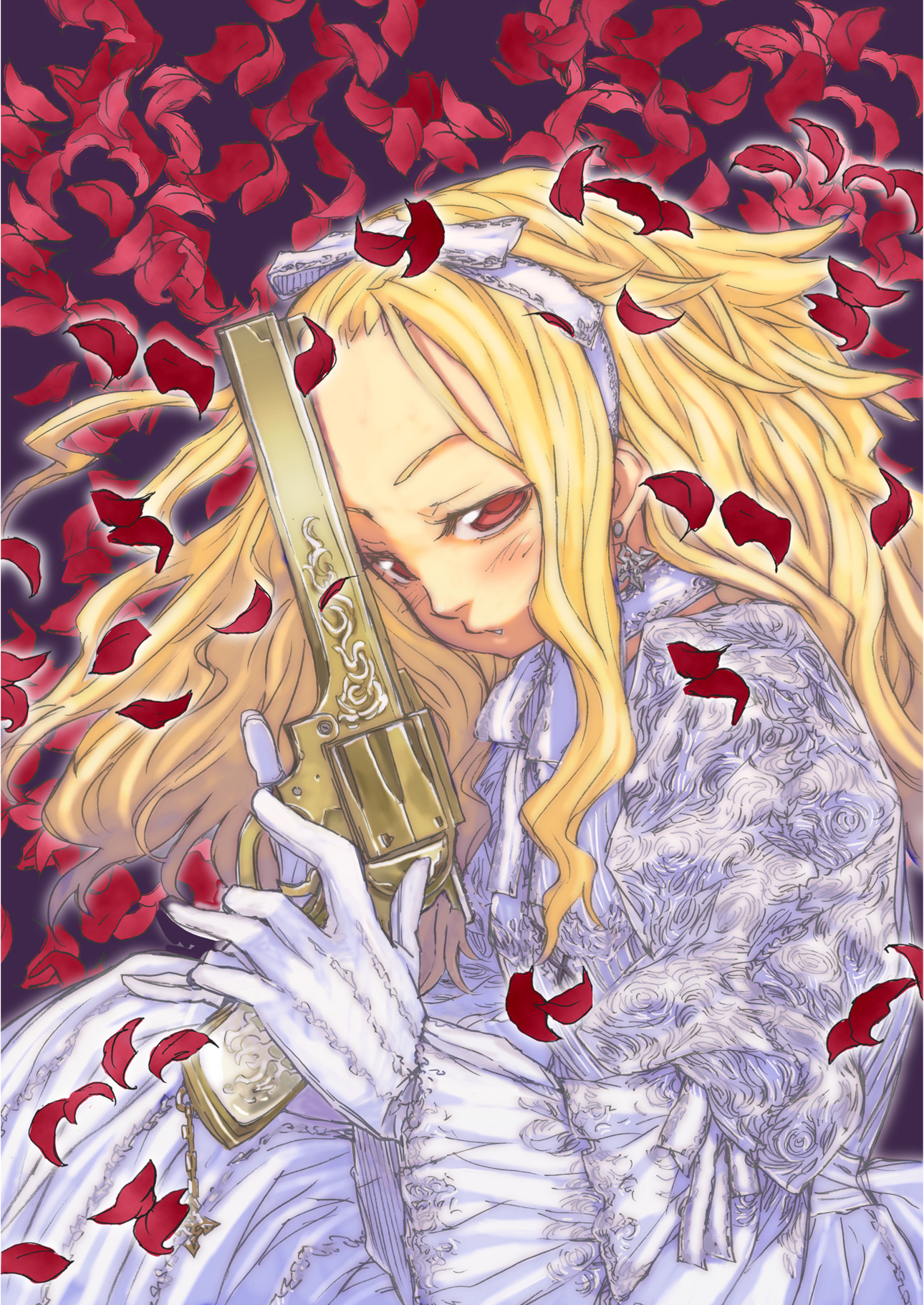 katou haruaki, original, bad id, bad pixiv id, highres, blonde hair, choker, forehead, gloves, gothic lolita, gun, hairband, handgun, lolita fashion, long hair, petals, red eyes, revolver, solo, weapon