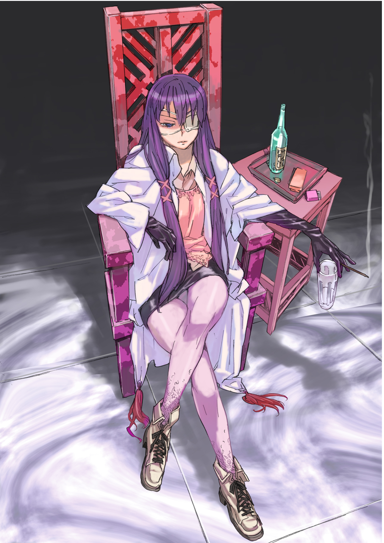 haruaki, katou haruaki, bad id, bad pixiv id, highres, 1girl, ankle boots, boots, chair, cigarette, crossed legs, elbow gloves, eyepatch, female focus, gloves, lighter, panties, panties under pantyhose, pantyhose, pantyshot, pink pantyhose, purple hair, sitting, solo, underwear