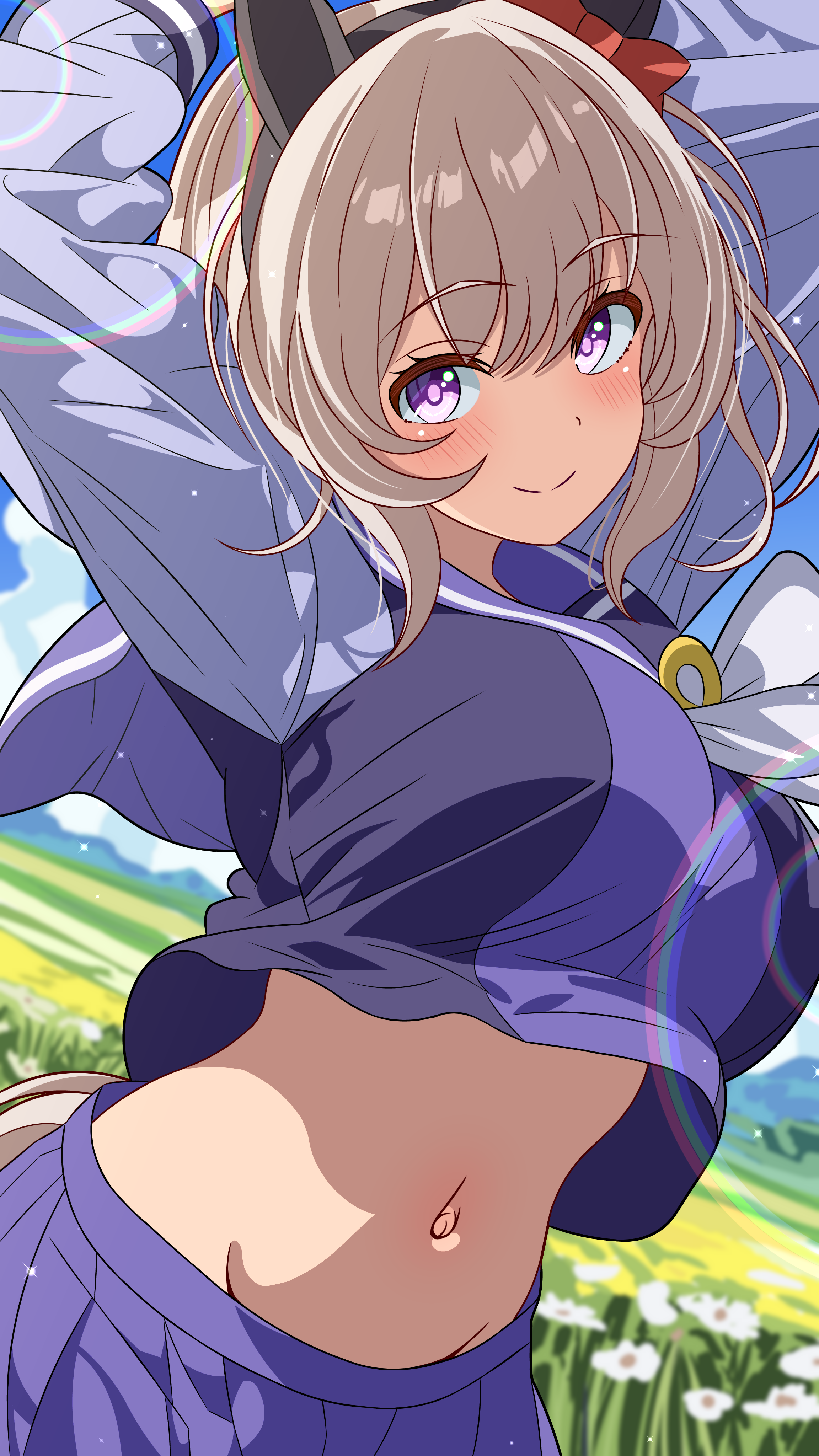 96dai 0313, curren chan (umamusume), umamusume, absurdres, commentary request, highres, 1girl, blue skirt, blurry, blurry background, blush, bow, breasts, closed mouth, ear bow, ear covers, flower, grey hair, horse girl, large breasts, long sleeves, looking at viewer, midriff, navel, outdoors, purple eyes, red bow, school uniform, short hair, skirt, smile, tracen school uniform