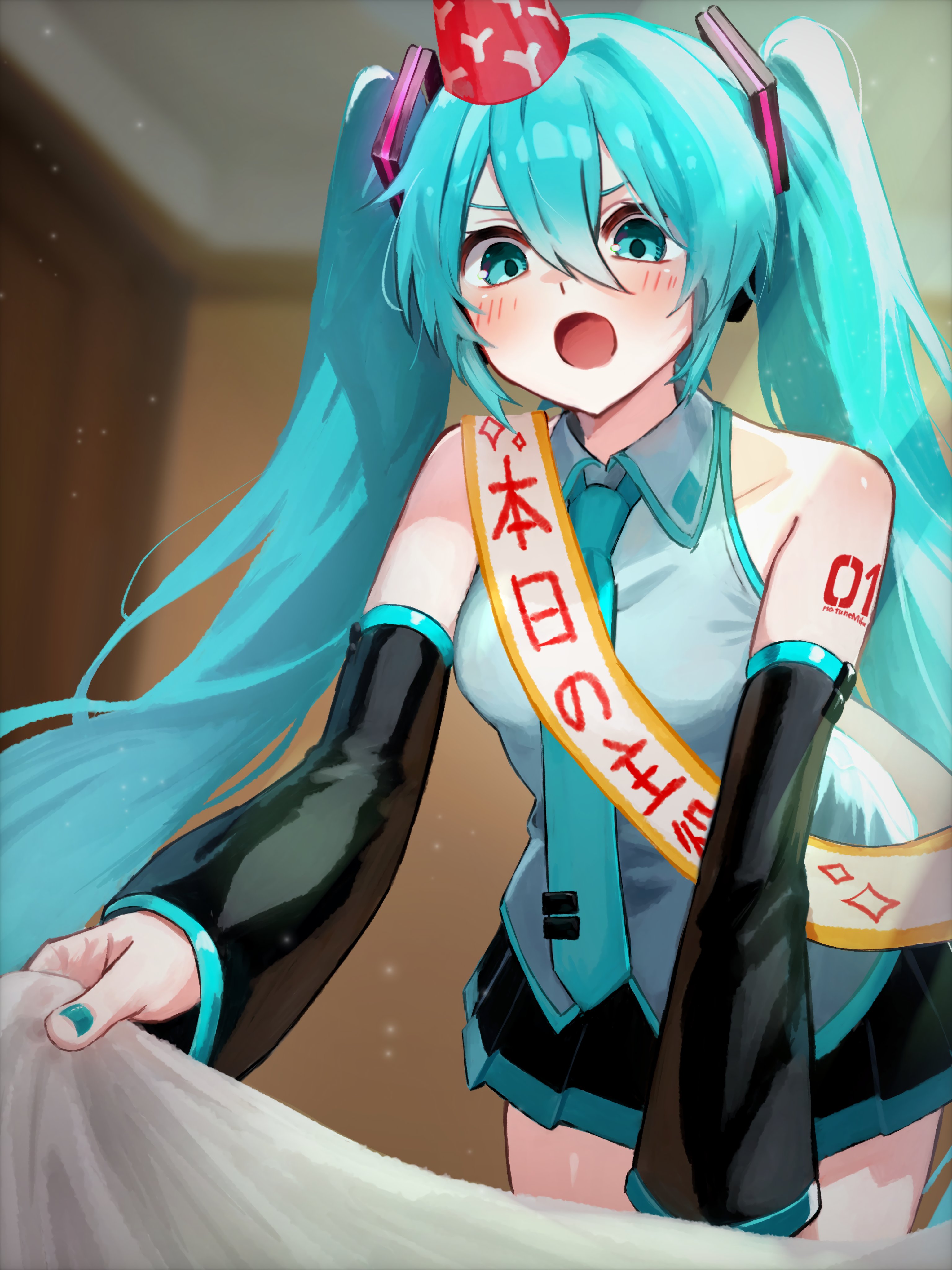 ichika shiiro, hatsune miku, vocaloid, absurdres, highres, 1girl, aqua eyes, aqua hair, aqua nails, aqua necktie, bare shoulders, black skirt, black sleeves, blurry, blurry background, blush, collared shirt, cowboy shot, detached sleeves, grey shirt, hair ornament, hat, headphones, indoors, leaning forward, long hair, miniskirt, nail polish, necktie, number tattoo, open mouth, party hat, pleated skirt, sash, shirt, shoulder sash, shoulder tattoo, skirt, sleeveless, sleeveless shirt, solo, tattoo, twintails, v-shaped eyebrows, very long hair