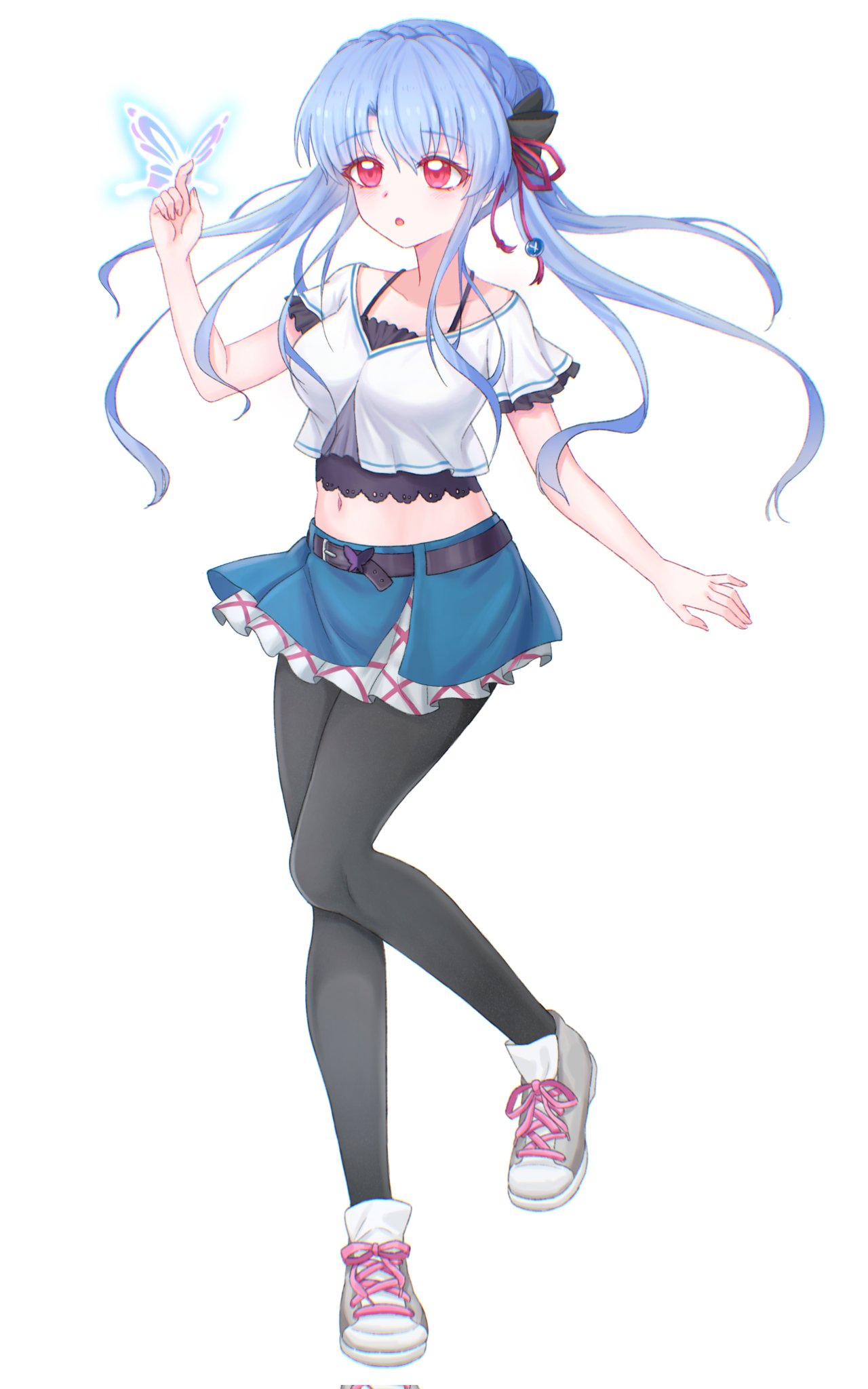 sorakado ao, summer pockets, commentary request, highres, 1girl, :o, animal print, belt, black belt, black bow, black pantyhose, blue butterfly, blue hair, blue skirt, blush, bow, braid, breasts, bug, butterfly, butterfly on hand, butterfly ornament, butterfly print, clanney0, collarbone, cross-laced shoes, crown braid, eyelashes, eyes visible through hair, floating hair, frilled sleeves, frills, full body, glowing butterfly, hair between eyes, hair bow, hair bun, hair ribbon, hand up, index finger raised, insect, knees together feet apart, large breasts, long hair, looking at another, midriff, miniskirt, navel, open mouth, pantyhose, red eyes, red ribbon, ribbon, shirt, shoes, short sleeves, sidelocks, simple background, single hair bun, skirt, sneakers, solo, standing, standing on one leg, very long hair, white background, white shirt, white shoes