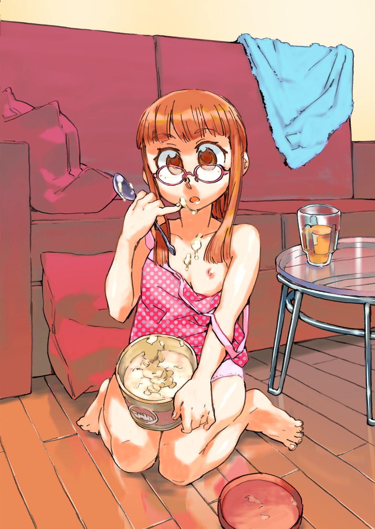 katou haruaki, original, bad id, bad pixiv id, highres, 1girl, barefoot, breasts, brown eyes, casual, couch, drink, feet, female focus, flat chest, food, glasses, holding, holding spoon, ice cream, loli, nipple slip, nipples, orange hair, polka dot, solo, spoon, tank top