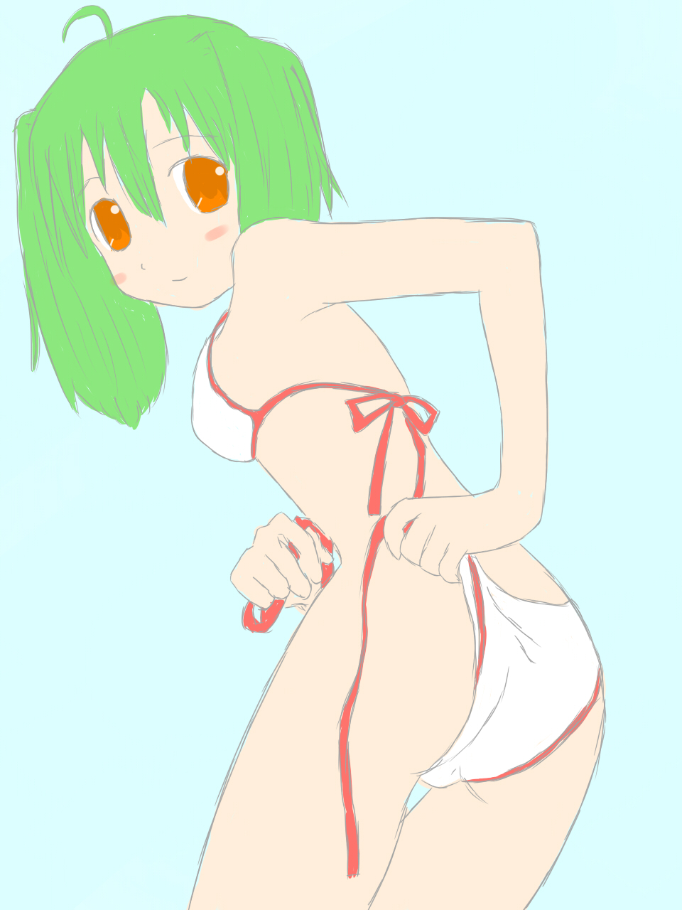 emy4426, ranka lee, macross, macross frontier, bad id, bad pixiv id, highres, 00s, 1girl, ahoge, ass, back, bikini, female focus, green eyes, looking back, orange eyes, side-tie bikini bottom, simple background, sketch, solo, swimsuit, white bikini