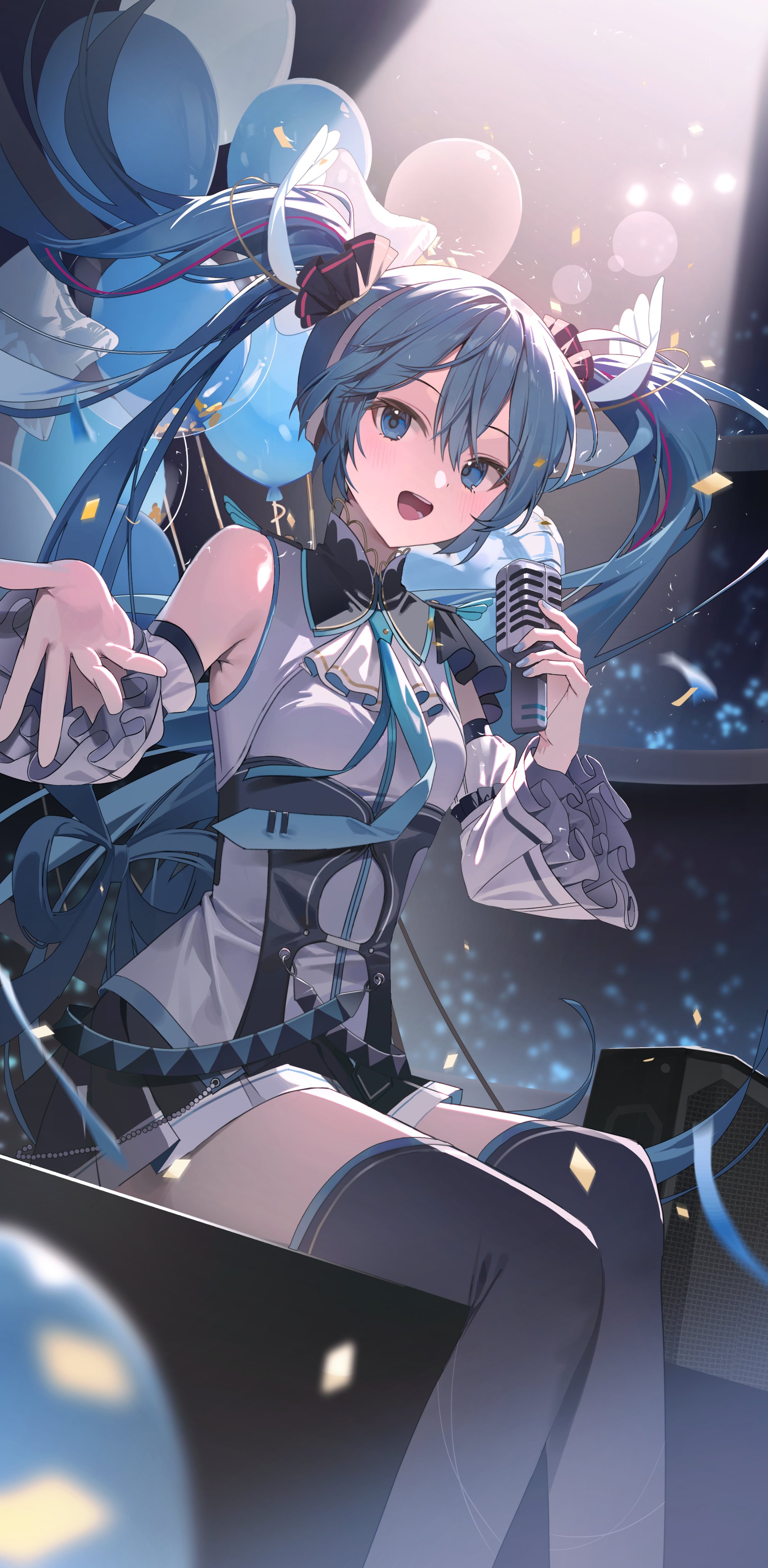 emduck, hatsune miku, vocaloid, absurdres, highres, 1girl, :d, balloon, bare shoulders, black skirt, black sleeves, black thighhighs, blue eyes, blue hair, blue necktie, confetti, detached sleeves, feet out of frame, frilled sleeves, frills, hair between eyes, hair ornament, holding, holding microphone, long hair, long sleeves, looking at viewer, microphone, miniskirt, necktie, open mouth, outstretched arm, pleated skirt, reaching, reaching towards viewer, shirt, sitting, skirt, sleeveless, sleeveless shirt, smile, solo, teeth, thighhighs, twintails, upper teeth only, very long hair, white shirt, zettai ryouiki