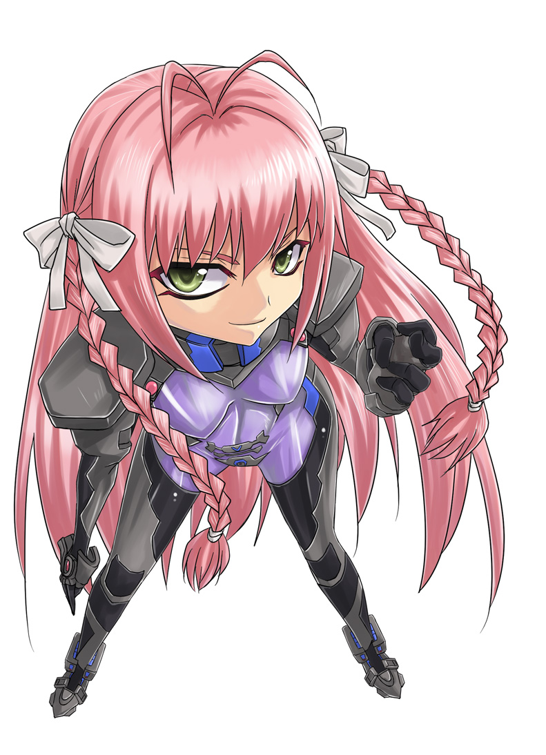 minarai, suzumiya haruka, muv-luv, muv-luv alternative, pilot suit, 1girl, antenna hair, bodysuit, bow, braid, female focus, fortified suit, green eyes, hair ribbon, long hair, mecha pilot suit, pink hair, purple bodysuit, ribbon, smile, solo, standing, twin braids