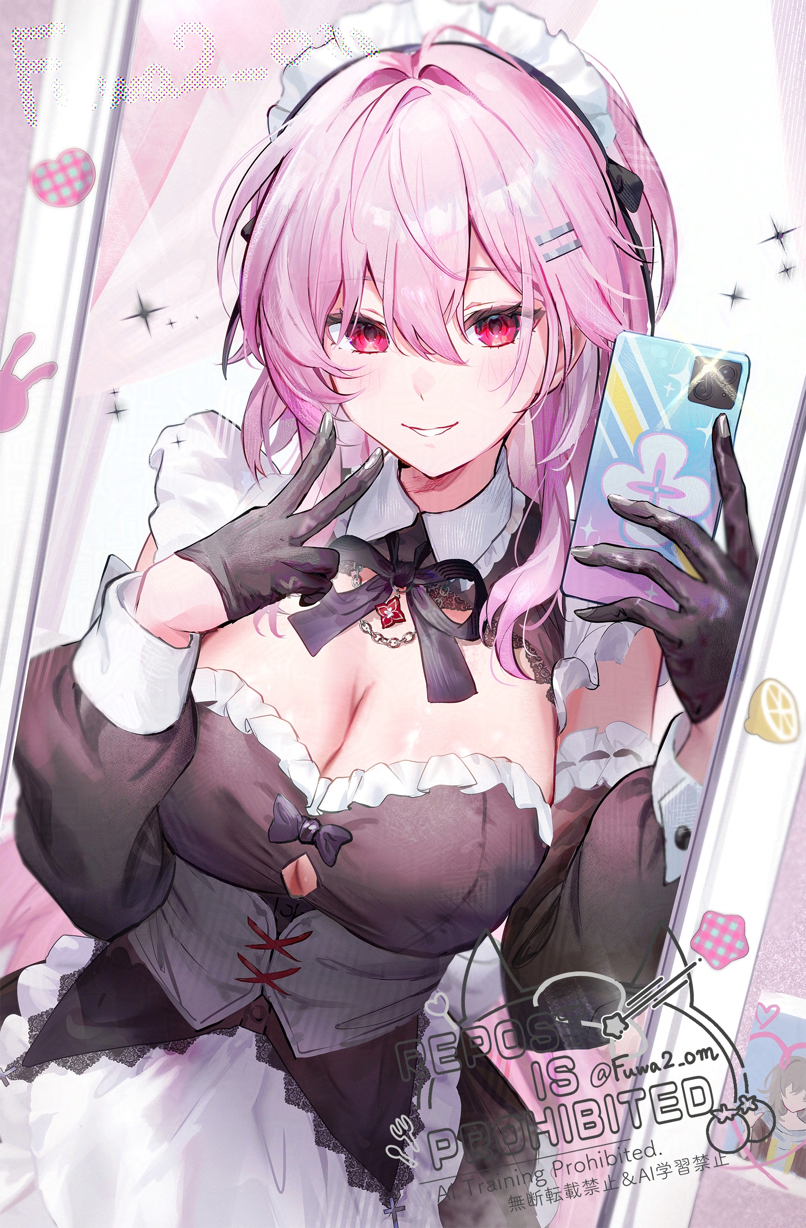 omelet tomato, evernight (honkai: star rail), march 7th (honkai: star rail), stelle (honkai: star rail), trailblazer (honkai: star rail), honkai: star rail, honkai (series), highres, 1girl, alternate costume, apron, black dress, black gloves, black ribbon, breasts, cellphone, cleavage, detached collar, dress, enmaided, gloves, half gloves, holding, holding phone, large breasts, long sleeves, maid, maid apron, maid headdress, mirror, neck ribbon, official alternate eye color, parted lips, phone, photo (object), pink hair, red eyes, ribbon, smartphone, smile, solo, white apron