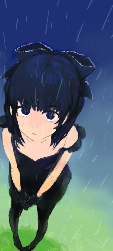 mitosa, bad id, bad pixiv id, bare shoulders, blue eyes, blue hair, bow, gloves, grass, pantyhose, rain, solo