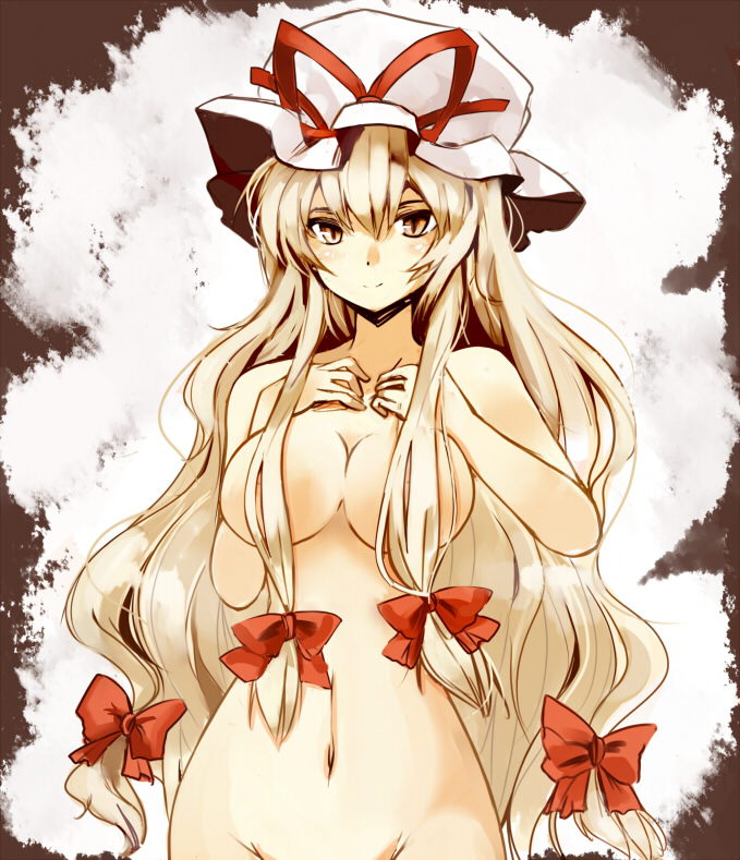 takaharu, yakumo yukari, touhou, 1girl, blonde hair, bow, breasts, censored, completely nude, convenient censoring, female focus, gradient background, hair bow, hair censor, hair over breasts, hat, long hair, medium breasts, multiple hair bows, nude, ribbon, solo, white background, yellow eyes