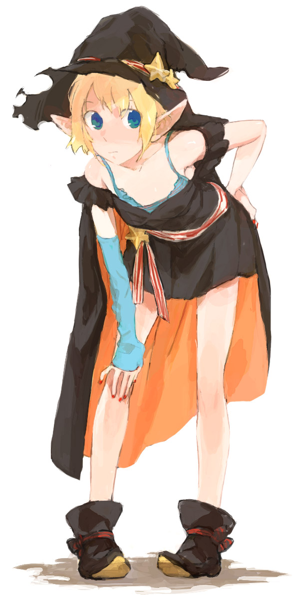 mitosa, original, 1girl, bent over, camisole, cape, detached sleeves, female focus, hat, nail polish, pointy ears, red nails, solo, star (symbol), witch hat