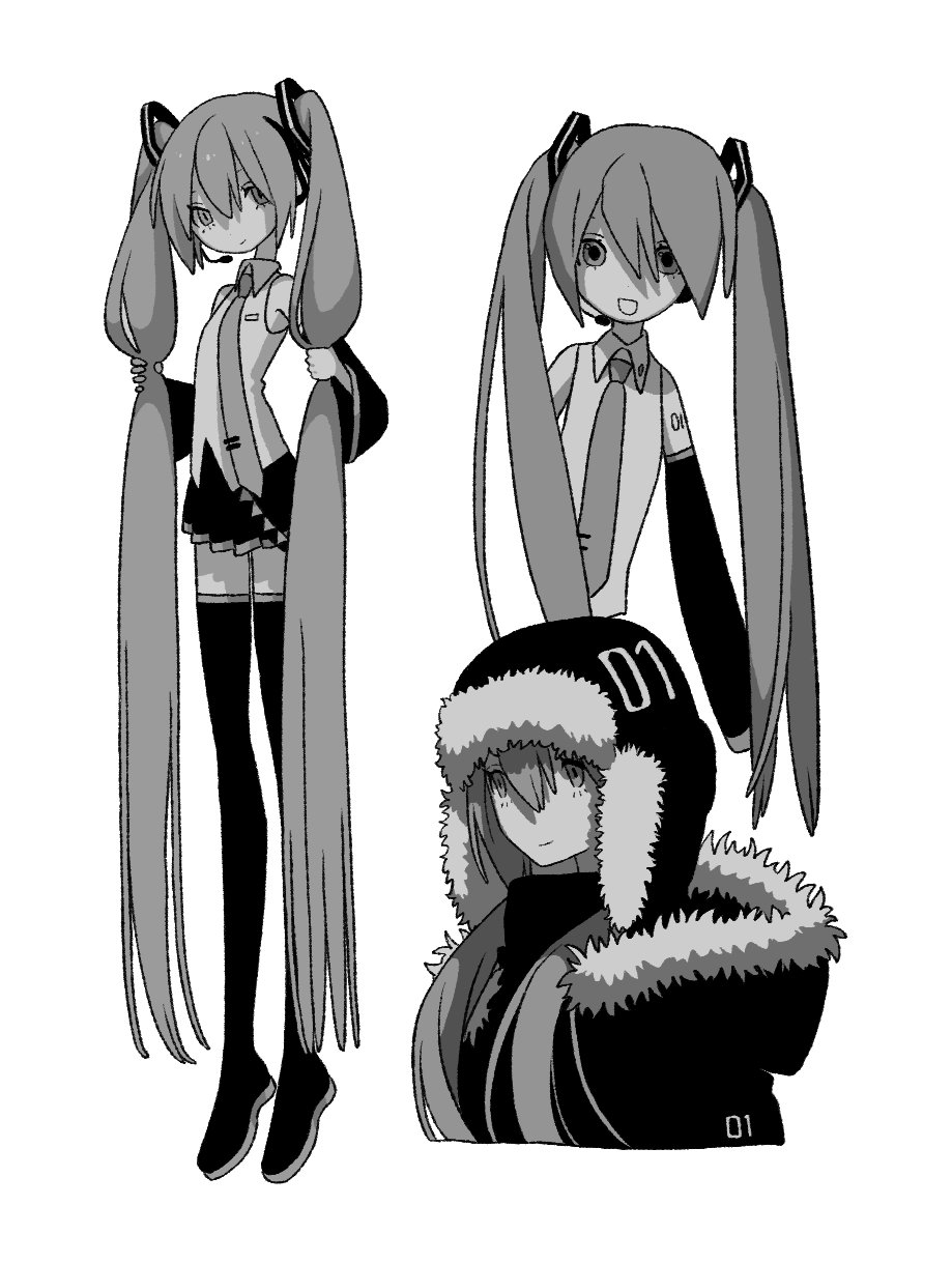 panda23577667, hatsune miku, vocaloid, highres, 1girl, bare shoulders, boots, closed mouth, coat, collared shirt, cropped torso, detached sleeves, full body, fur-trimmed coat, fur-trimmed hood, fur trim, greyscale, hair between eyes, hair ornament, holding, hood, hood up, hooded coat, hooded jacket, jacket, long hair, long sleeves, looking at viewer, miniskirt, monochrome, multiple girls, multiple views, necktie, open mouth, pleated skirt, shirt, shoulder tattoo, simple background, skirt, sleeveless, sleeveless shirt, smile, standing, tattoo, thigh boots, thighhighs, twintails, very long hair, white background, zettai ryouiki