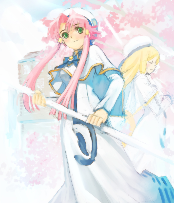 hirokiku, alicia florence, mizunashi akari, aria (manga), bad id, bad pixiv id, 00s, 2girls, beret, blonde hair, cherry blossoms, closed eyes, green eyes, hat, high collar, long hair, multiple girls, oar, pink hair, smile