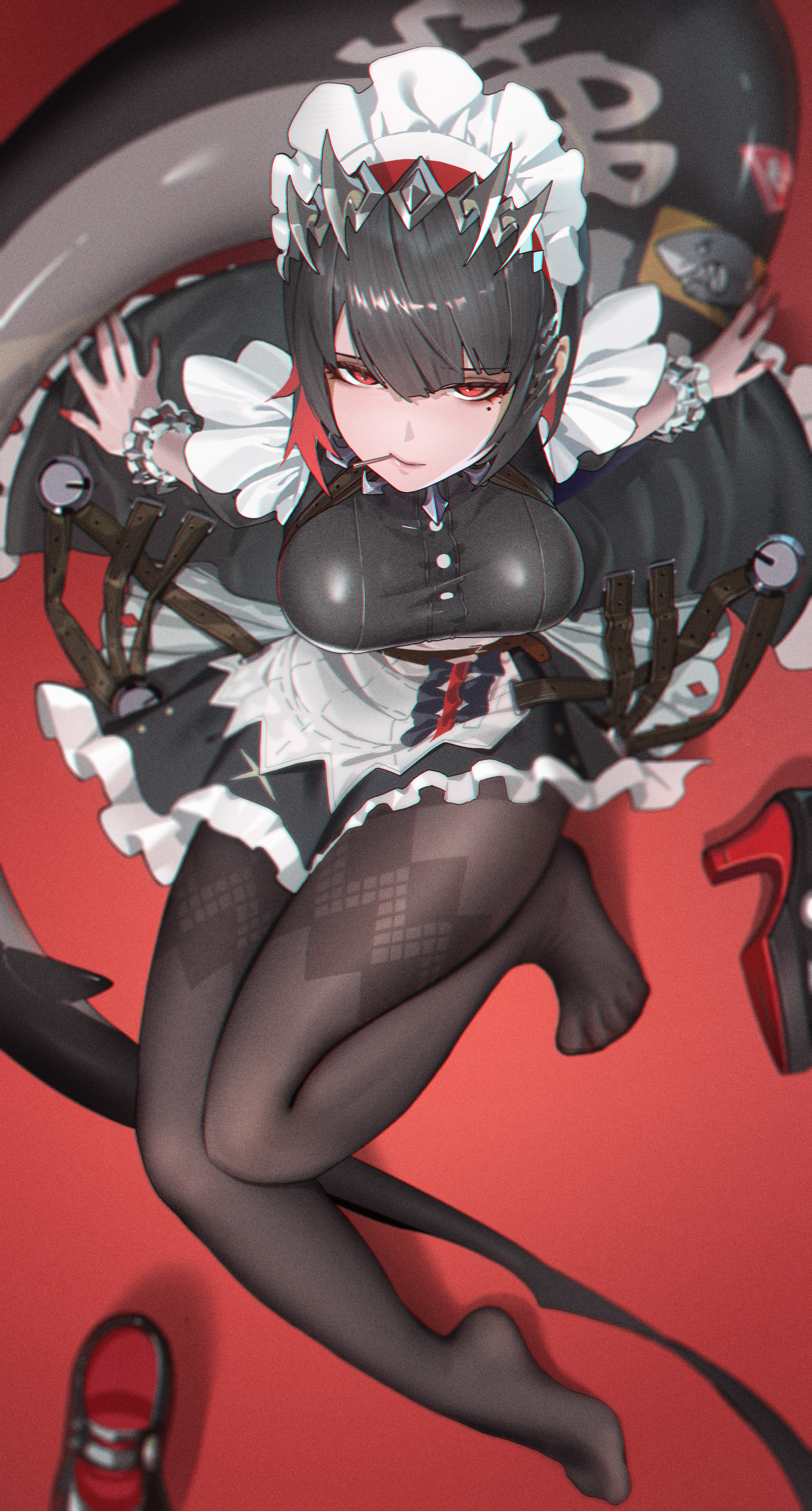 mr goblin, ellen joe, zenless zone zero, absurdres, detexted, highres, third-party edit, 1girl, arm support, artist name, black hair, black pantyhose, black shoes, breasts, feet, fins, fish tail, frilled hairband, frills, from above, hairband, high heels, knees together feet apart, large breasts, legs, long tail, looking at viewer, looking up, maid, maid headdress, mole, mole under eye, mouth hold, nail polish, no shoes, pantyhose, red background, red eyes, red nails, shark girl, shark tail, shoes, sitting, solo, tail, toes, unworn shoes, white headdress