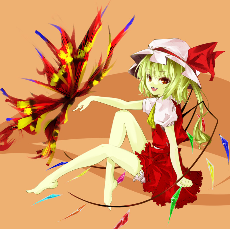 tomasu, tsurukame, flandre scarlet, touhou, 1girl, barefoot, blouse, feet, female focus, from side, hat, mob cap, shirt, solo, white hat, white shirt, wings