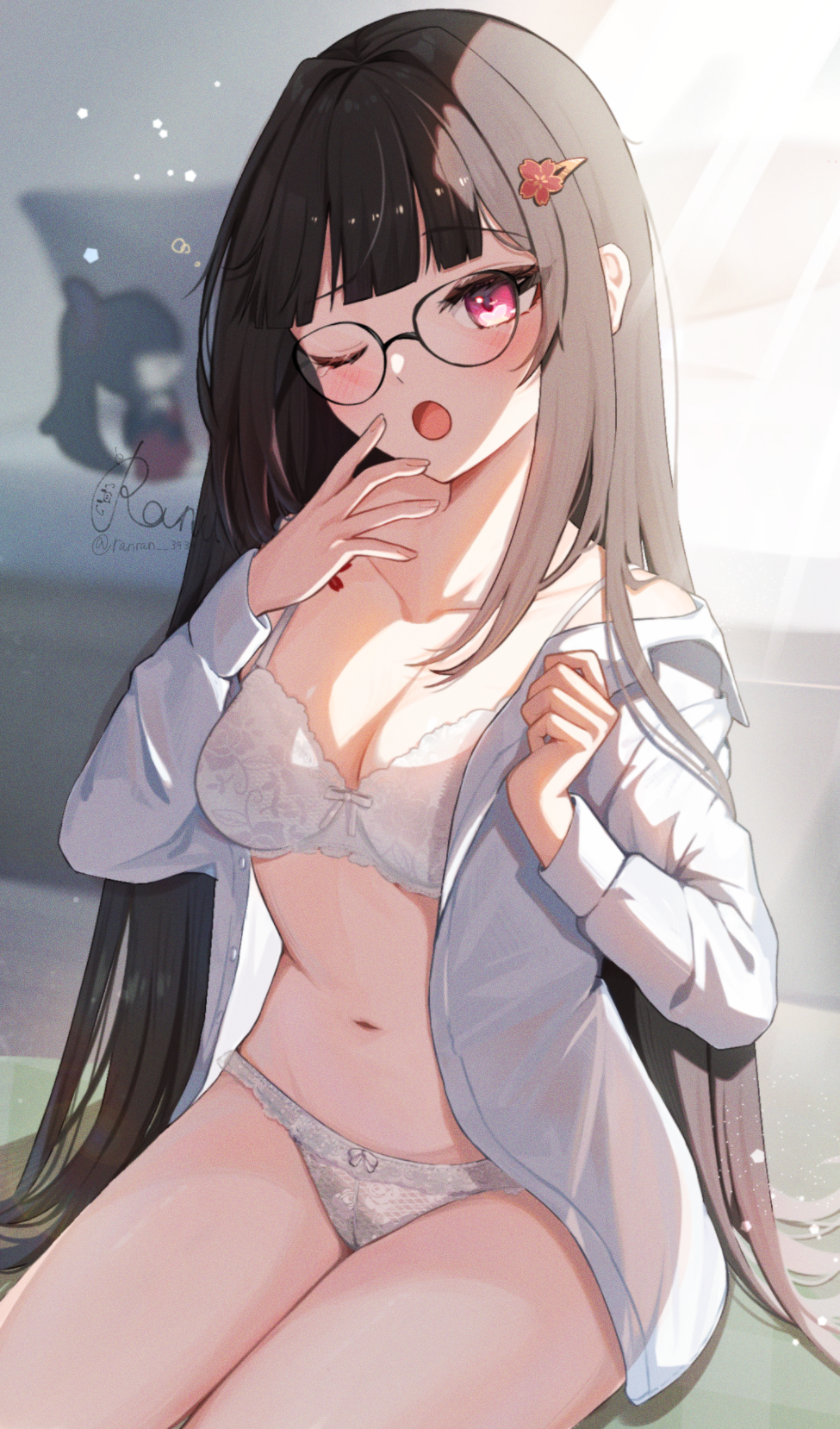 ranran 3939, sparkle (honkai: star rail), sparkle (school uniform) (honkai: star rail), honkai: star rail, honkai (series), commentary request, highres, 1girl, ;o, black hair, bow, bow bra, bra, breasts, glasses, long hair, medium breasts, navel, one eye closed, open clothes, open shirt, panties, red eyes, shirt, sitting, squeans, stomach, straight hair, unbuttoned jacket, underwear, very long hair, white bra, white panties, white shirt, yawning