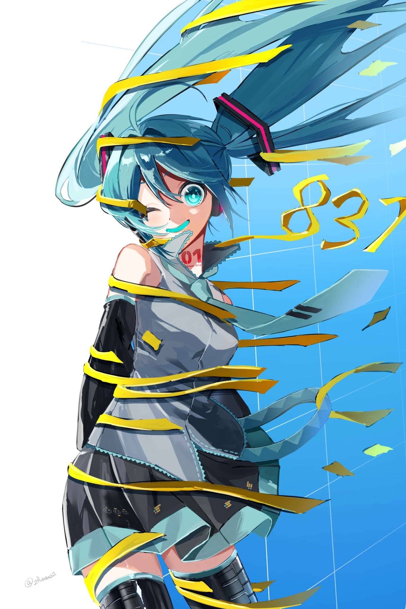 2funma2, hatsune miku, vocaloid, highres, 1girl, 39, aqua eyes, aqua hair, aqua necktie, arms behind back, bare shoulders, black skirt, black sleeves, black thighhighs, blue hair, collared shirt, cowboy shot, detached sleeves, floating hair, grey shirt, hair between eyes, headphones, long hair, looking at viewer, miku day, miniskirt, necktie, number tattoo, one eye closed, pleated skirt, ribbon, shirt, shoulder tattoo, skirt, sleeveless, sleeveless shirt, smile, solo, tattoo, thighhighs, twintails, very long hair, yellow ribbon, zettai ryouiki