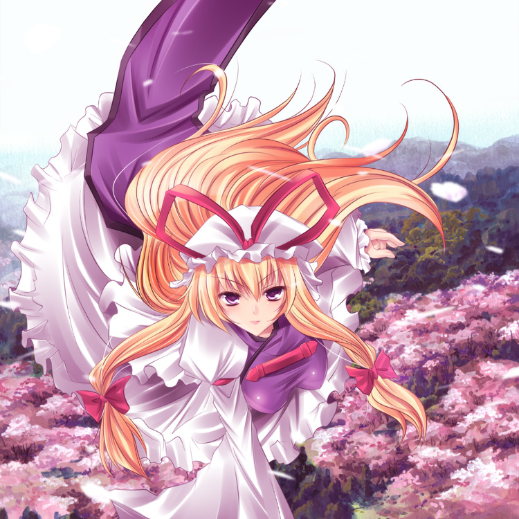 maki (seventh heaven maxion), yakumo yukari, touhou, 1girl, armband, blonde hair, blue sky, blurry, bow, breasts, cherry blossoms, day, depth of field, dress, female focus, flying, forest, frilled dress, frills, hair bow, hat, hat bow, large breasts, long hair, long sleeves, looking at viewer, looking up, mob cap, mountain, nature, petals, purple eyes, ribbon, sky, solo, tabard, tree, very long hair, white dress