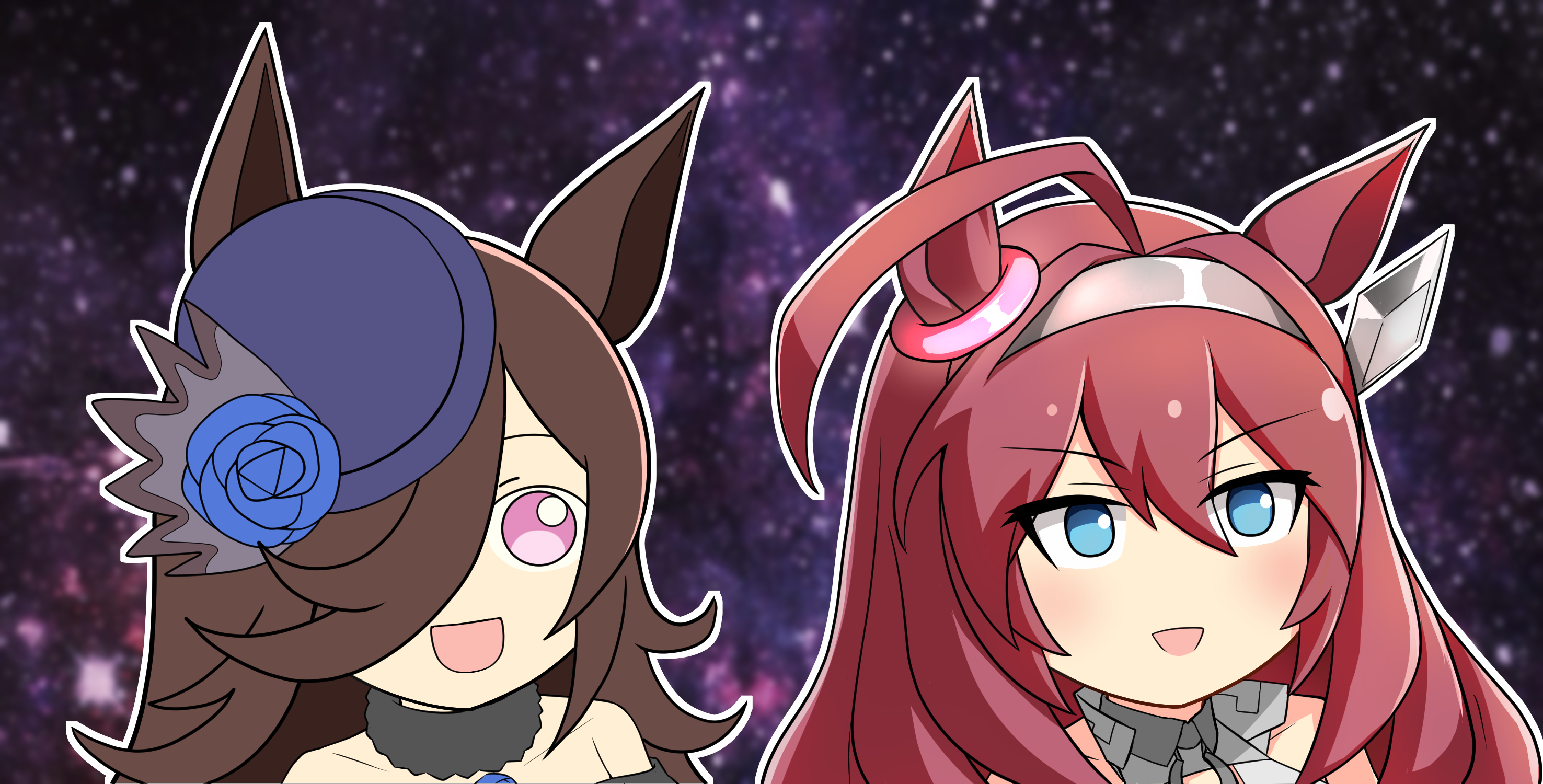 meso (zgmf-xv), mihono bourbon (umamusume), rice shower (umamusume), umamusume, highres, 2girls, ahoge, animal ears, blue eyes, blue flower, blue rose, brown hair, flipped hair, flower, grey hairband, hair between eyes, hair over one eye, hairband, hat, hat flower, horse ears, horse girl, long hair, meme, multiple girls, rose, space cat (meme), tilted headwear, umamusume tanuki, upper body