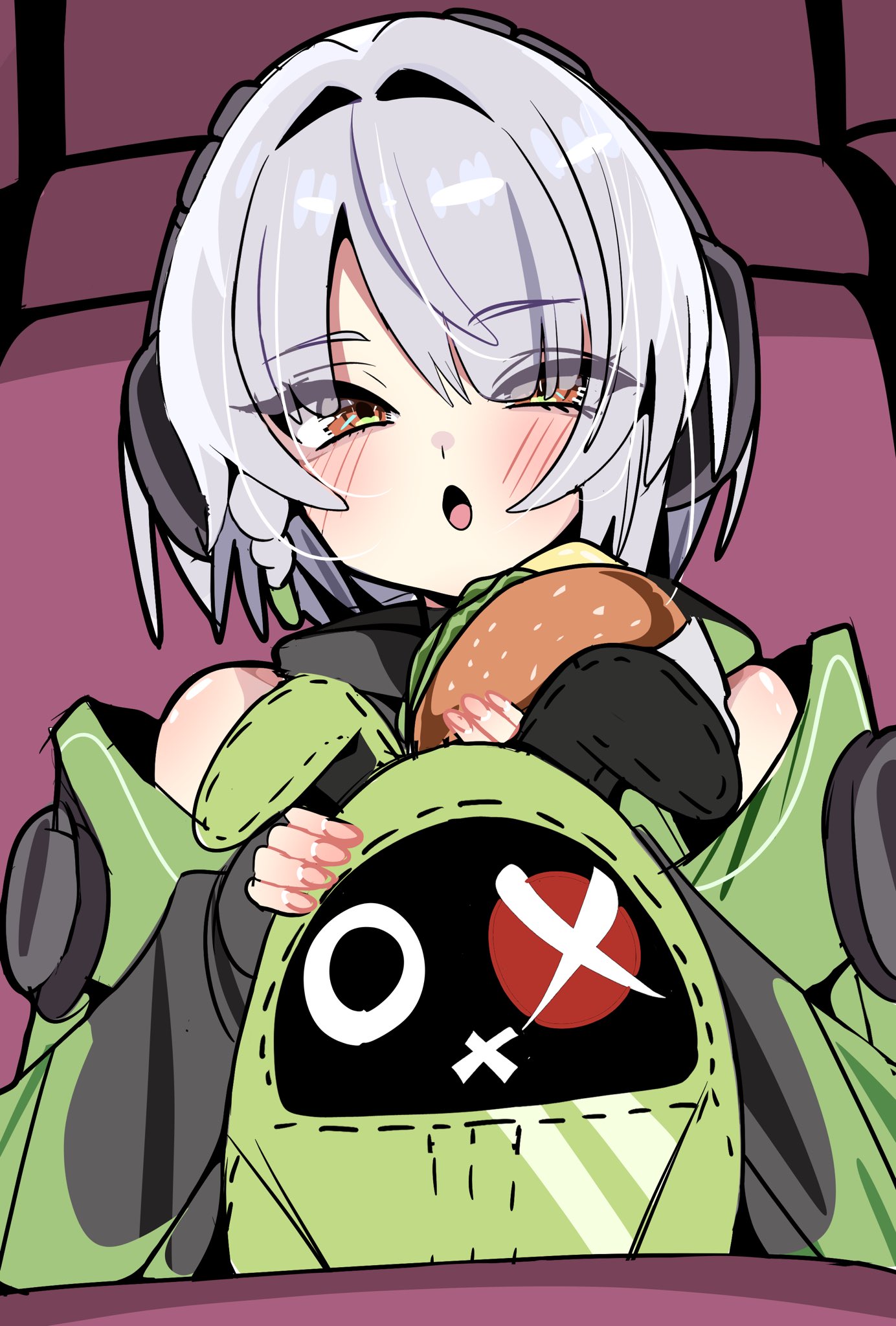 amillion (zenless zone zero), anby demara, bangboo (zenless zone zero), zenless zone zero, highres, bare shoulders, blush, burger, fingerless gloves, food, gloves, green jacket, grey hair, headphones, holding, holding burger, holding food, jacket, movie theater, open mouth, orange eyes, rukir777, short hair, sleeveless, sleeveless jacket