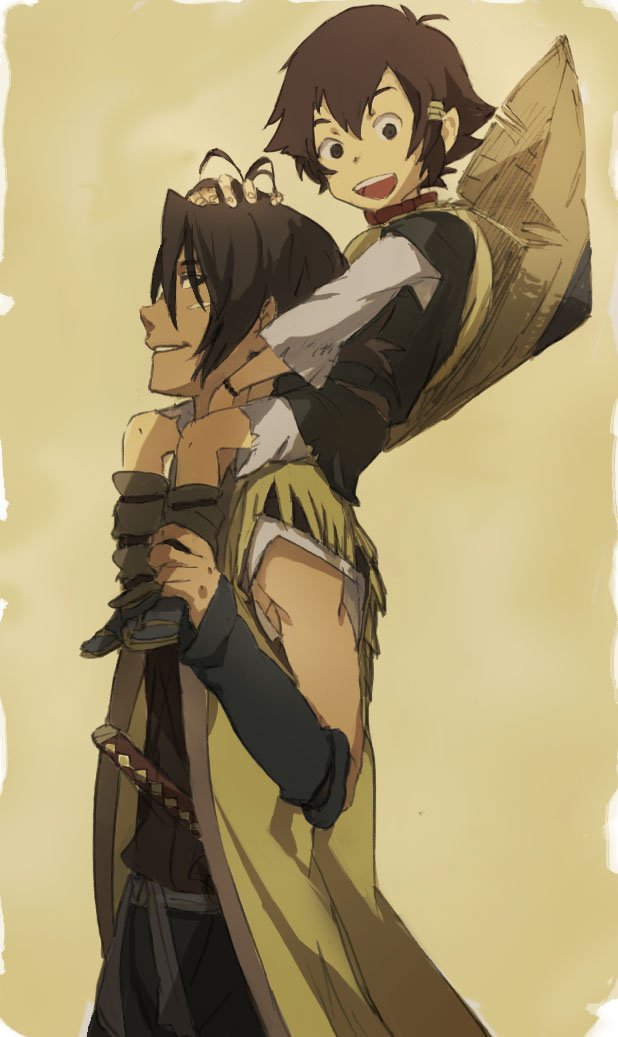mitosa, kotarou (stranger), nanashi (stranger), stranger mukou hadan, 00s, 2boys, brown hair, carrying, hat, japanese clothes, katana, multiple boys, piggyback, rice hat, samurai, shoulder carry, straw hat, sword, weapon