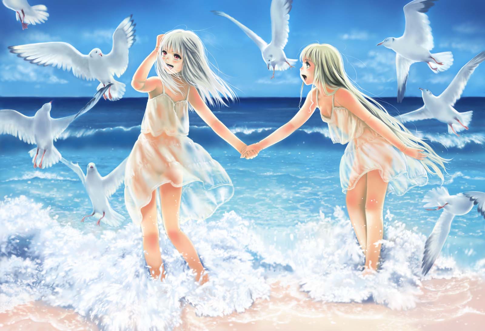 toshi hiroshi, shinku, suigintou, rozen maiden, highres, 00s, 2girls, beach, bird, blonde hair, blue eyes, day, grey hair, holding hands, long hair, multiple girls, outdoors, red eyes, seagull, see-through clothes, water