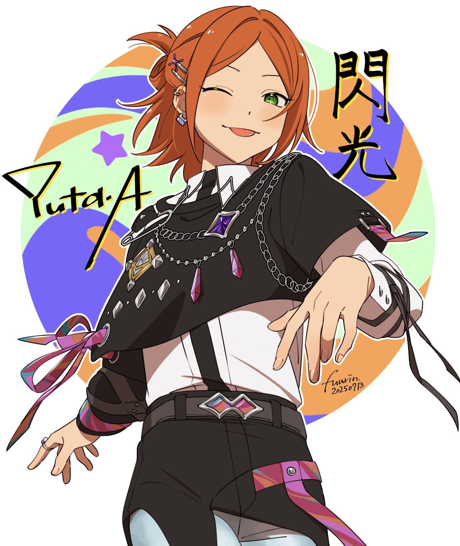 fuurin (sior fr), aoi yuta, ensemble stars!, highres, 1boy, belt, black belt, black necktie, black pants, black shirt, character name, collared shirt, cowboy shot, cropped shirt, earrings, green eyes, hair ornament, hairclip, half updo, jewelry, layered sleeves, long sleeves, looking at viewer, male focus, necktie, one eye closed, orange hair, pants, parted bangs, shirt, short hair, short over long sleeves, short sleeves, simple background, smile, solo, suspenders, tongue, tongue out, white background, white shirt