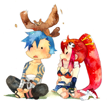 zukki (suzukio), kamina (ttgl), yoko littner, tengen toppa gurren lagann, bad id, bad pixiv id, lowres, painting (medium), traditional media, watercolor (medium), 00s, 1boy, 1girl, animal, animal on head, bird, bird on head, chibi, on head, owl, thighhighs, topless male