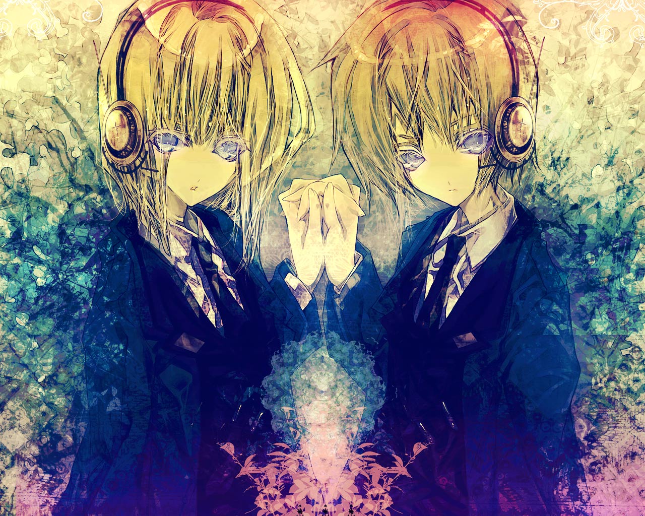 hayata aya, original, bad id, bad pixiv id, 1boy, 1girl, blonde hair, blue eyes, headphones, hetero, holding hands, symmetrical hand pose