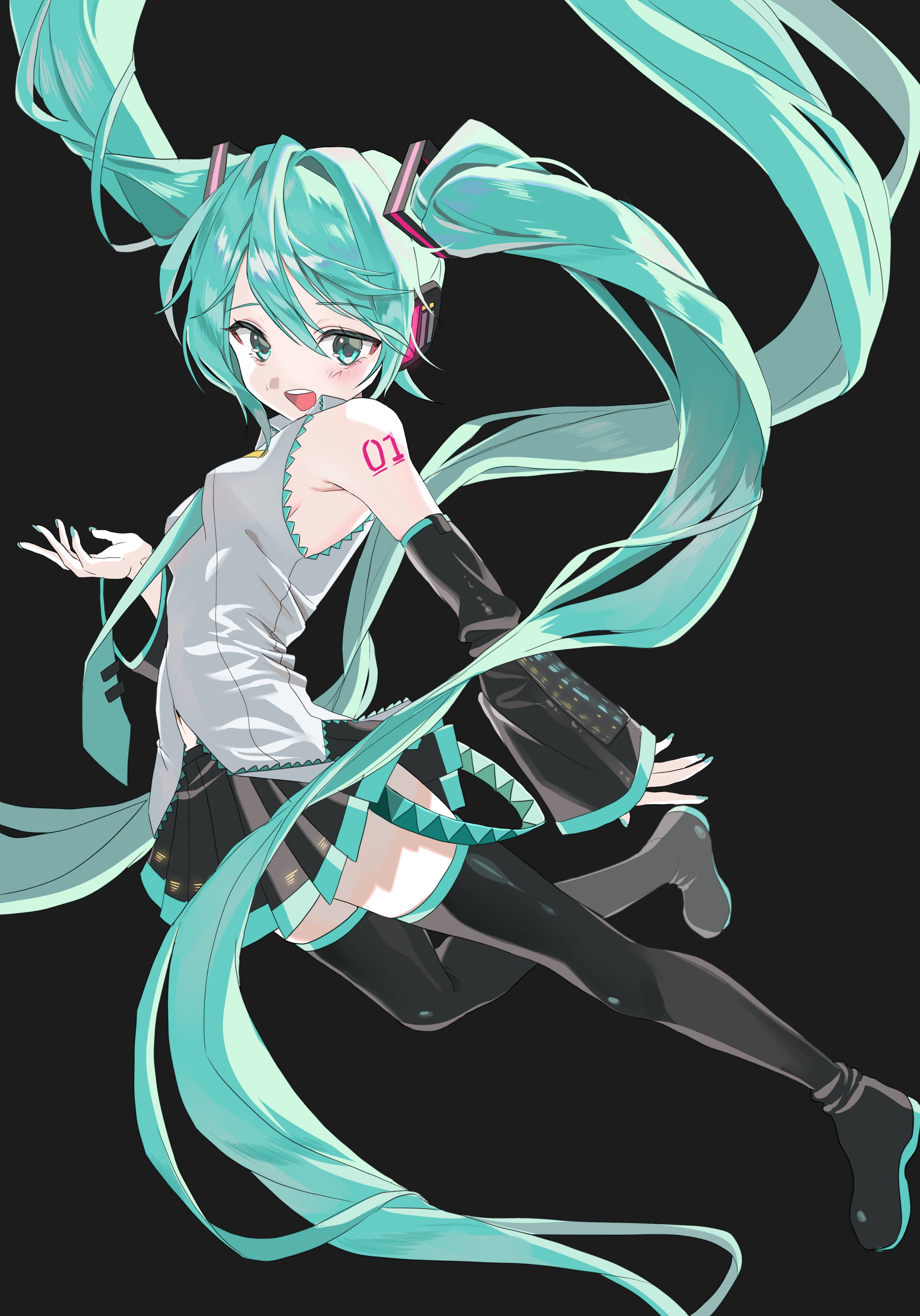hatsune miku, vocaloid, absurdres, highres, korean commentary, 1girl, absurdly long hair, aqua eyes, aqua hair, aqua nails, aqua necktie, bare shoulders, black background, black skirt, black sleeves, black thighhighs, blush, boots, breasts, collared shirt, detached sleeves, floating hair, full body, grey shirt, hair between eyes, hair ornament, headphones, headset, long hair, looking at viewer, miniskirt, necktie, number tattoo, open mouth, pleated skirt, shirt, shoulder tattoo, simple background, skhuh art, skirt, sleeveless, sleeveless shirt, small breasts, smile, solo, tattoo, teeth, thigh boots, thighhighs, twintails, very long hair, zettai ryouiki