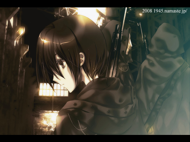 hayata aya, gender request, 00s, 2007, androgynous, black hair, gun, letterboxed, robe, sepia, solo, weapon