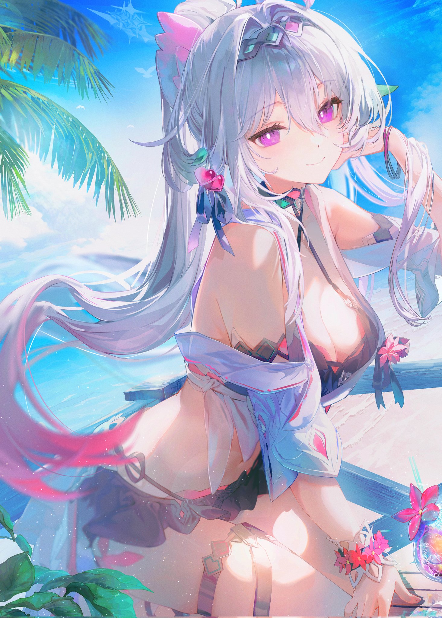 kagefumi, thelema nutriscu, honkai (series), honkai impact 3rd, highres, 1girl, bare shoulders, bikini, black bikini, blue sky, breasts, bright pupils, cleavage, closed mouth, cloud, floating hair, hair between eyes, hair ornament, long hair, looking at viewer, medium breasts, off shoulder, outdoors, ponytail, purple eyes, sky, smile, solo, swimsuit, thigh strap, very long hair, white pupils