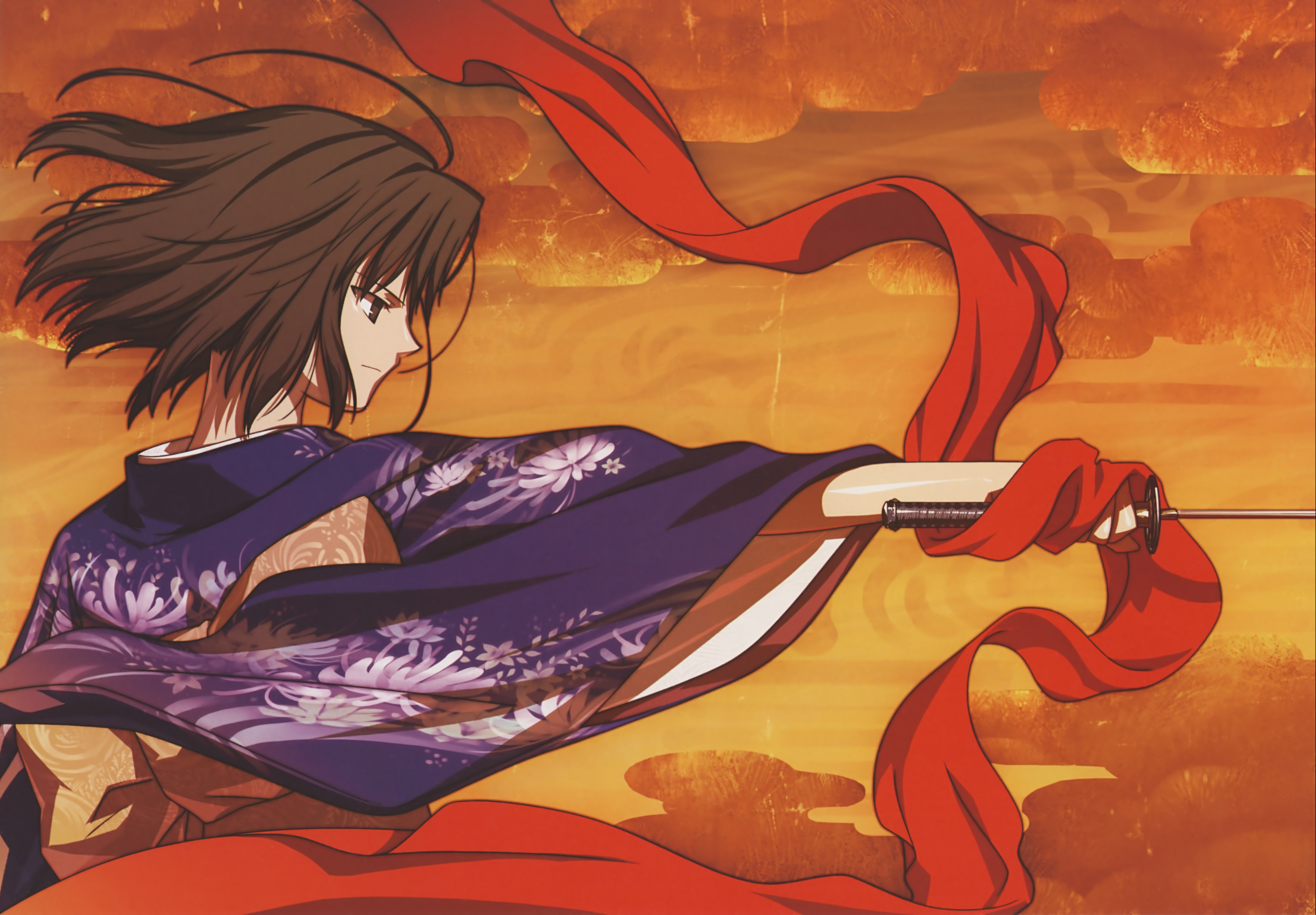 takeuchi takashi, ryougi shiki, kara no kyoukai, highres, official art, 1girl, ahoge, brown eyes, brown hair, female focus, japanese clothes, katana, kimono, obi, profile, sash, short hair, solo, sword, weapon