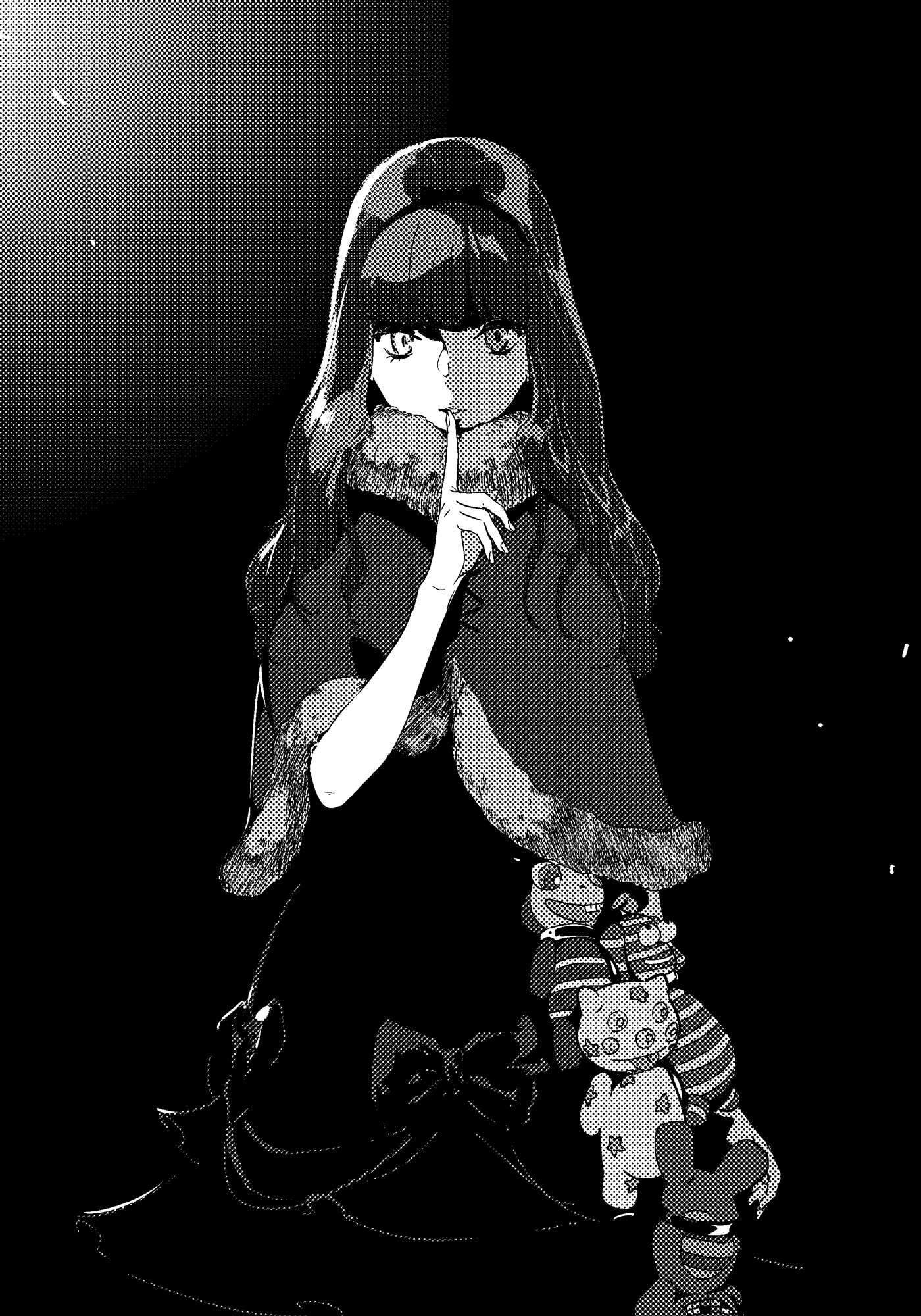 pako (pakosun), kurenaino aria, occultic;nine, science adventure, highres, non-web source, official art, 1girl, black background, black dress, blunt bangs, dress, finger to mouth, greyscale, grin, hairband, index finger raised, long hair, looking at viewer, monochrome, parted lips, shushing, simple background, smile, solo, standing, stuffed toy, upper body