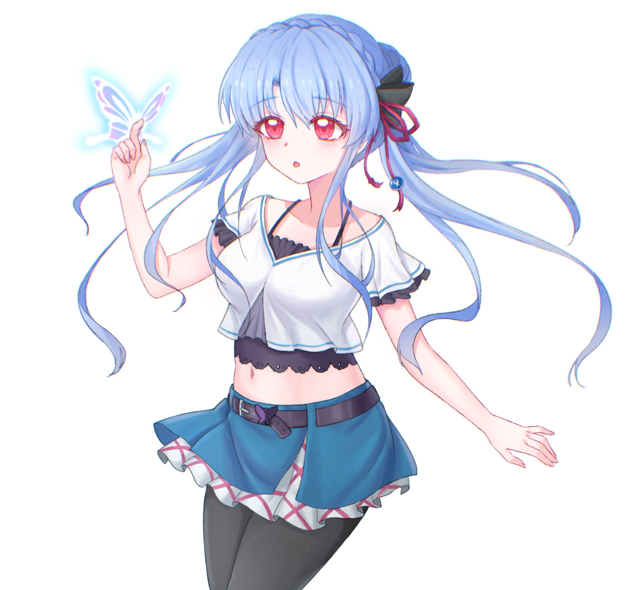 sorakado ao, summer pockets, commentary request, highres, 1girl, :o, animal print, belt, black belt, black bow, black pantyhose, blue butterfly, blue hair, blue skirt, blush, bow, braid, breasts, bug, butterfly, butterfly on hand, butterfly ornament, butterfly print, clanney0, collarbone, cowboy shot, crown braid, eyelashes, eyes visible through hair, floating hair, frilled sleeves, frills, glowing butterfly, hair between eyes, hair bow, hair bun, hair ribbon, hand up, index finger raised, insect, large breasts, long hair, looking at another, midriff, miniskirt, navel, open mouth, pantyhose, red eyes, red ribbon, ribbon, shirt, short sleeves, sidelocks, simple background, single hair bun, skirt, solo, very long hair, white background, white shirt