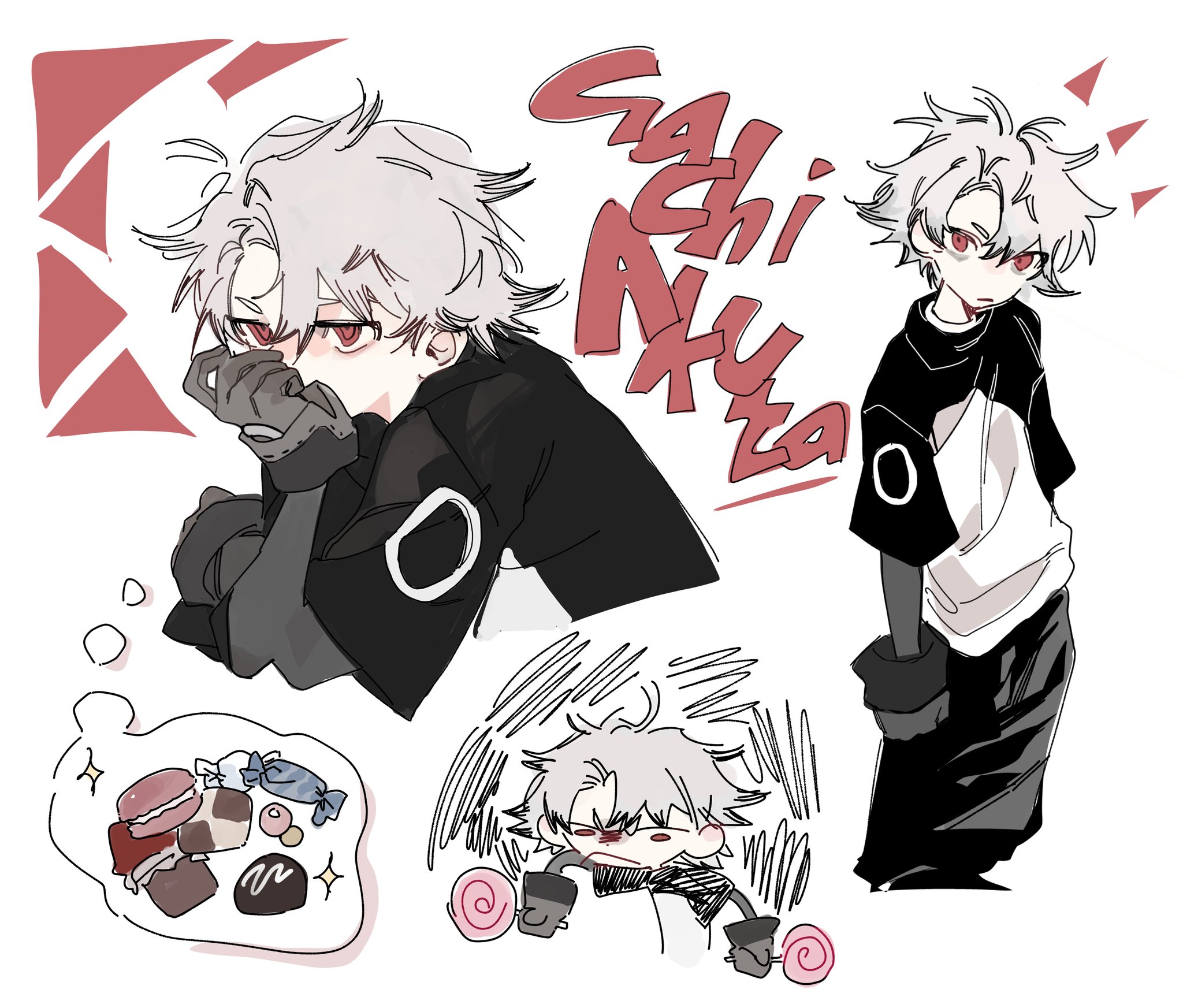 rudo surebrec, gachiakuta, highres, 1boy, black pants, black shirt, brown gloves, candy, candy wrapper, checkerboard cookie, chocolate, chocolate bar, cookie, copyright name, food, gloves, grey hair, lollipop, looking at viewer, open mouth, pants, parted bangs, red eyes, shirt, simple background, speech bubble, thought bubble, tobiuo rd, white background