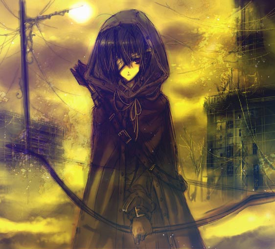 hayata aya, original, bad id, bad pixiv id, gender request, androgynous, bow (weapon), cloak, eyepatch, solo, weapon