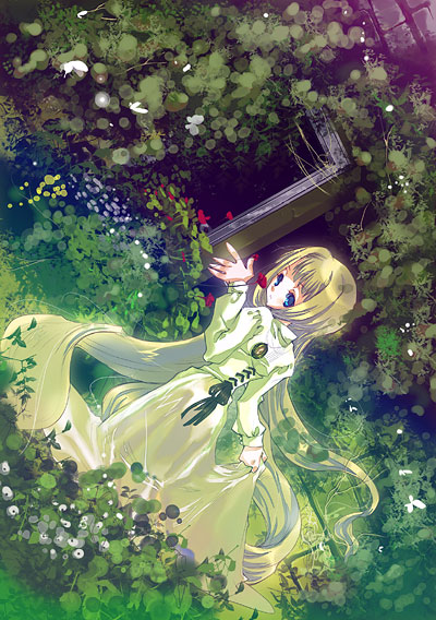 hayata aya, blonde hair, blue eyes, bug, butterfly, dress, flower, garden, insect, long hair, solo