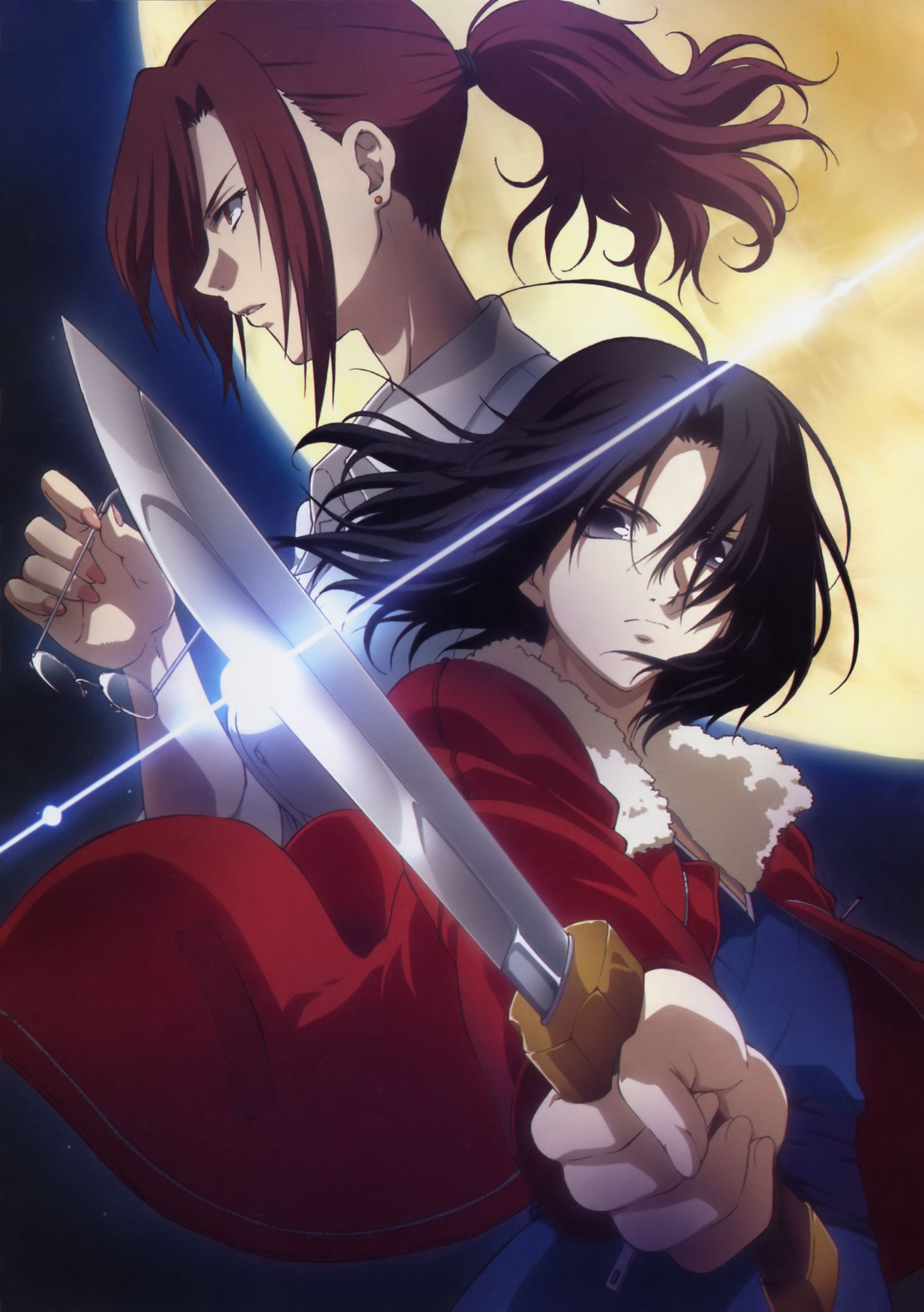 aozaki touko, ryougi shiki, kara no kyoukai, absurdres, highres, official art, 2girls, black hair, brown eyes, brown hair, earrings, full moon, glasses, grey eyes, jacket, japanese clothes, jewelry, kimono, knife, moon, multiple girls, nail polish, ponytail, red jacket, short hair