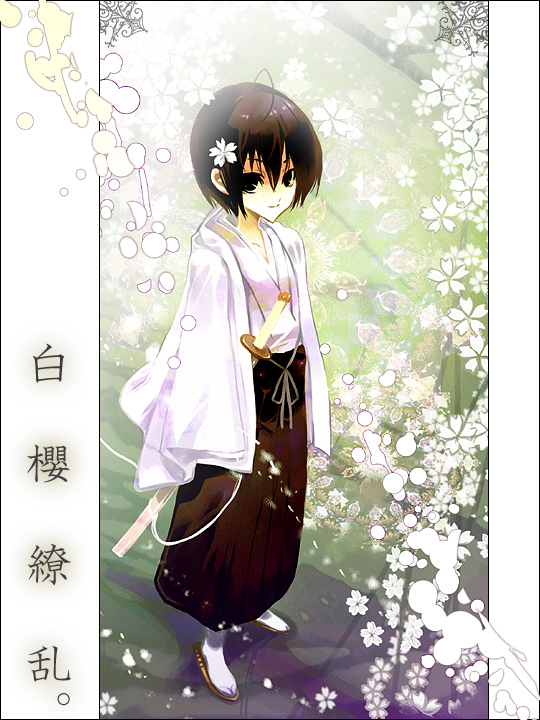 hayata aya, bad id, bad pixiv id, ahoge, black hair, cherry blossoms, flower, japanese clothes, short hair, solo, sword, weapon
